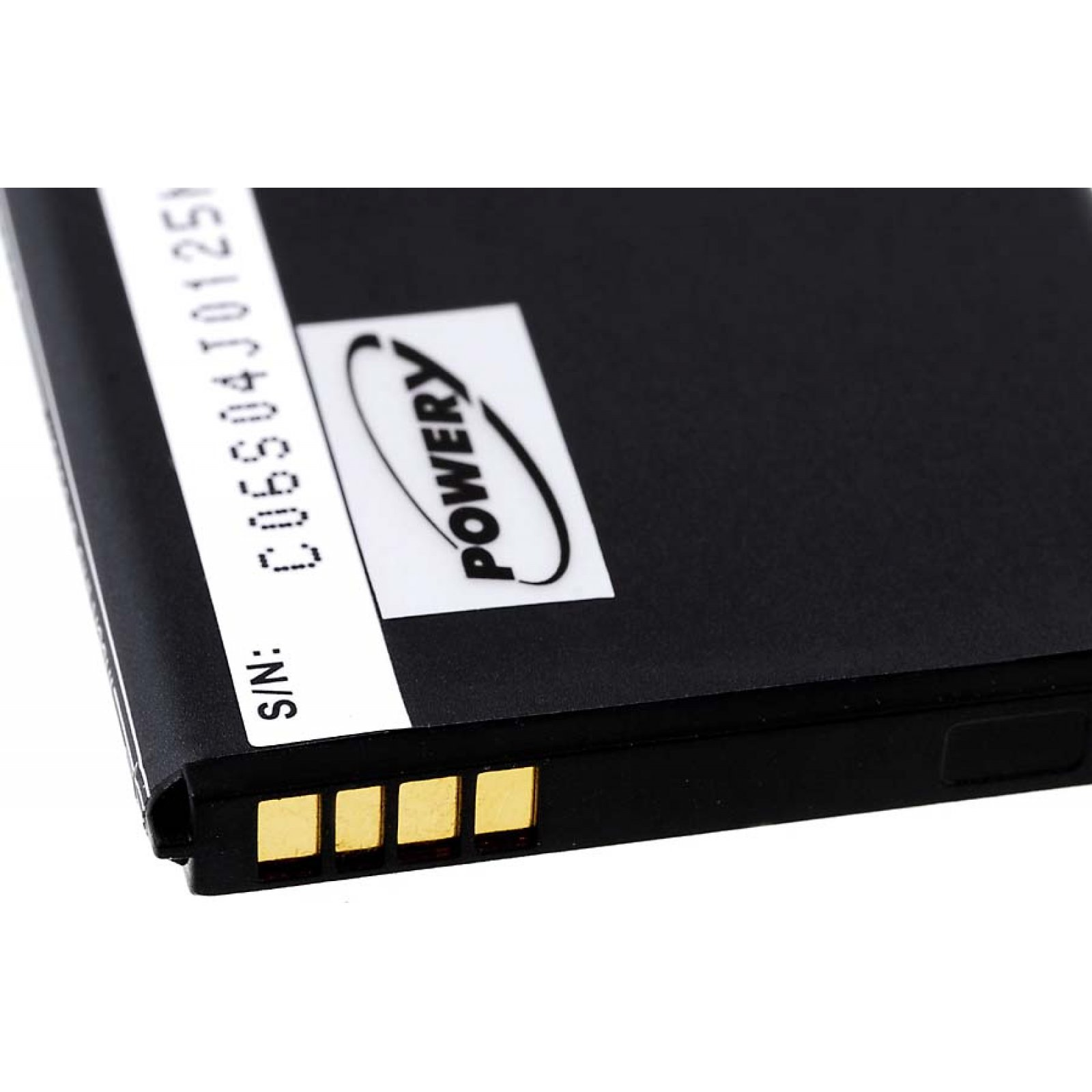 Batería de teléfono negra con etiqueta blanca, texto 'POWERY' y S/N: C06504J0125.