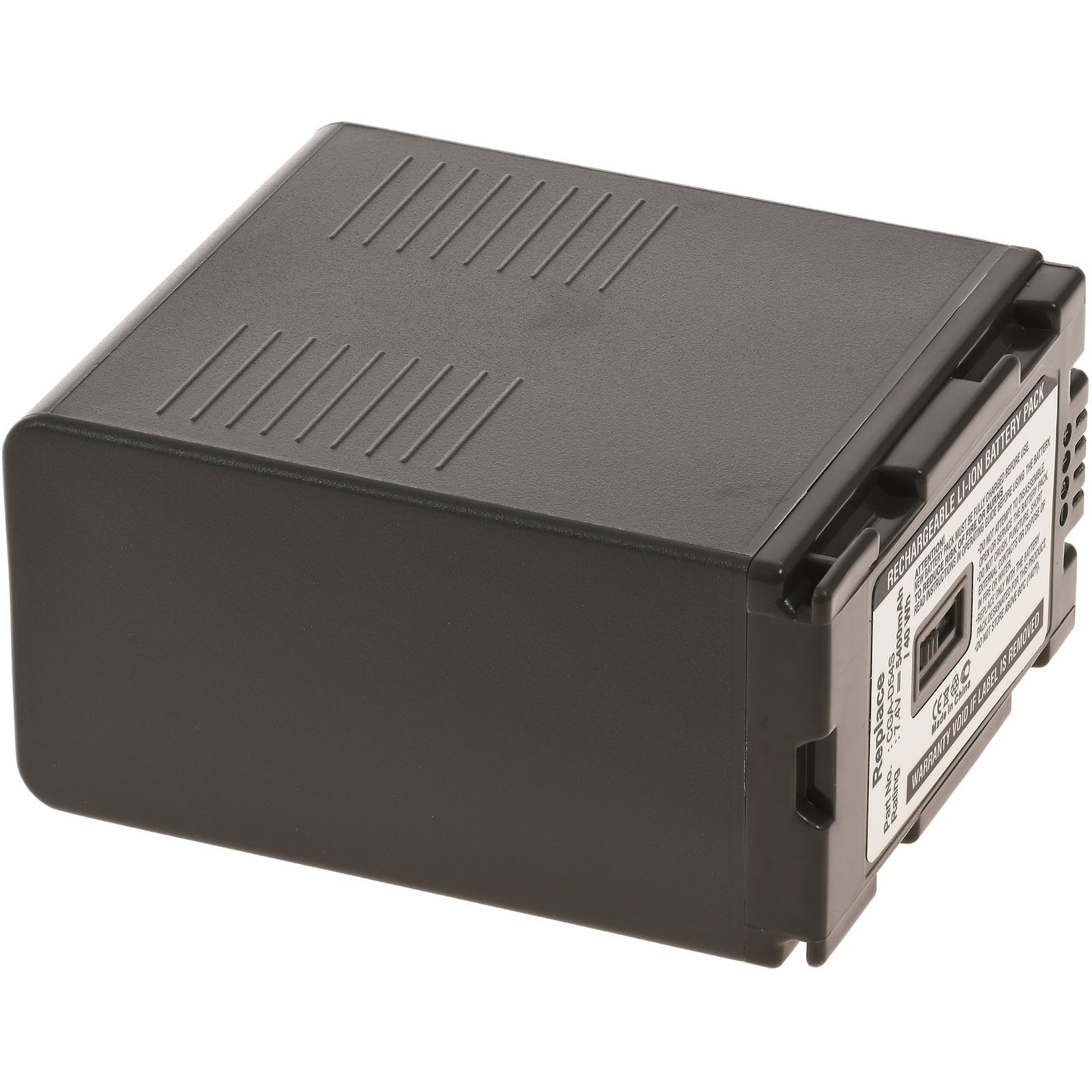Paquete de baterías rectangular negro con líneas diagonales arriba y etiqueta lateral.