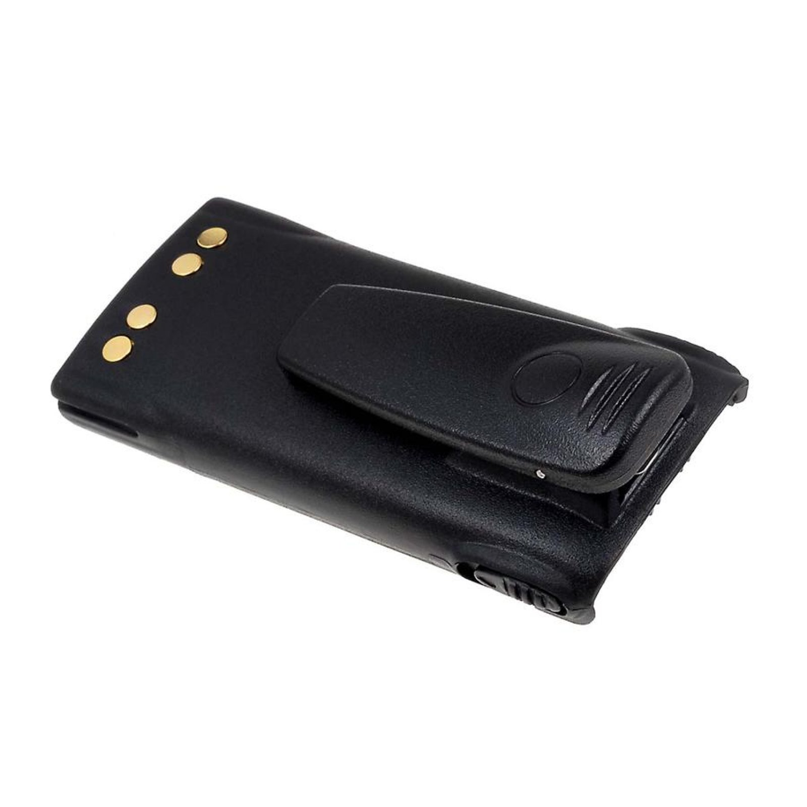 Batería negra de walkie-talkie con clip para cinturón y contactos dorados.