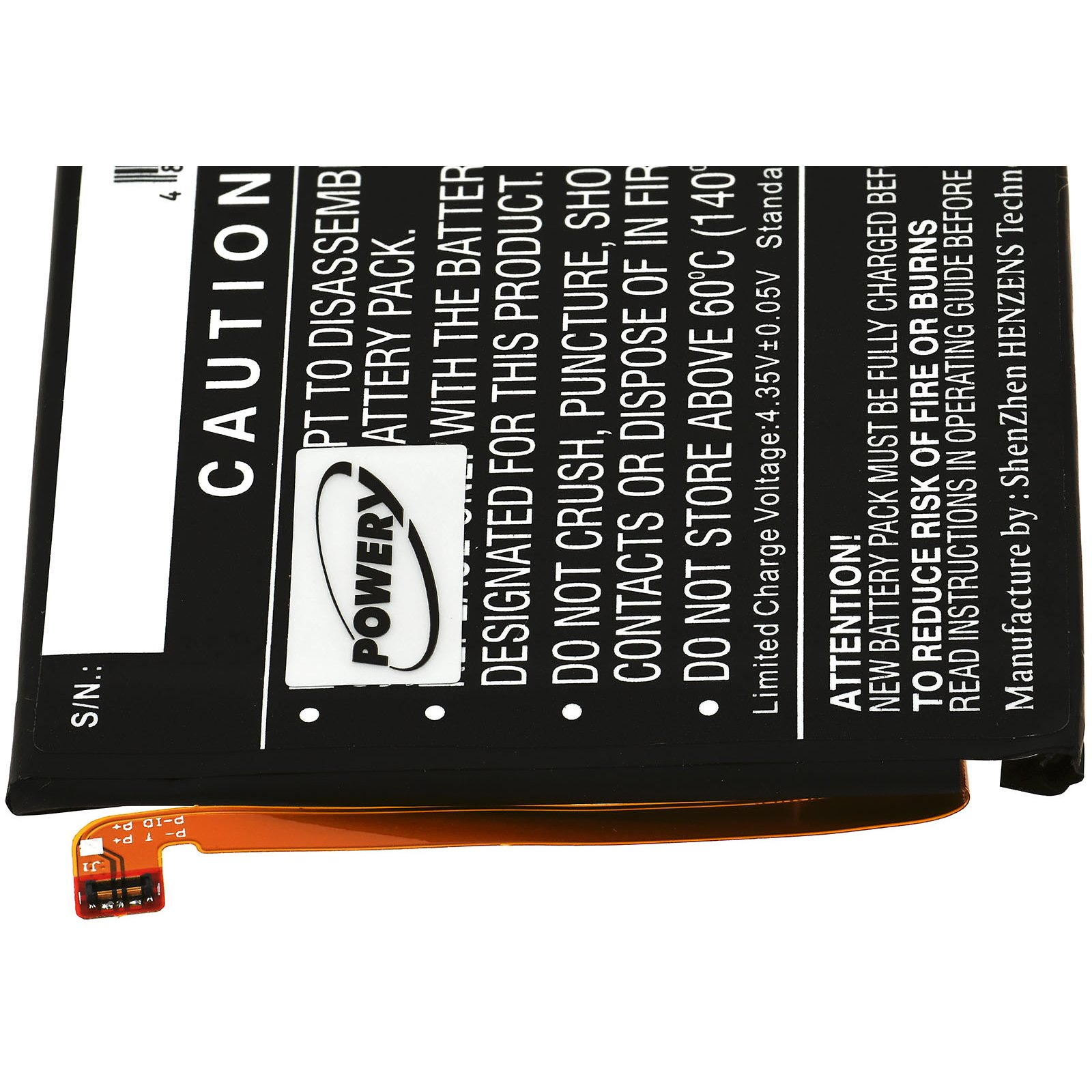 Etiqueta de la batería con advertencias. Contiene el texto PRECAUCIÓN. Negro y blanco con cable flexible naranja.