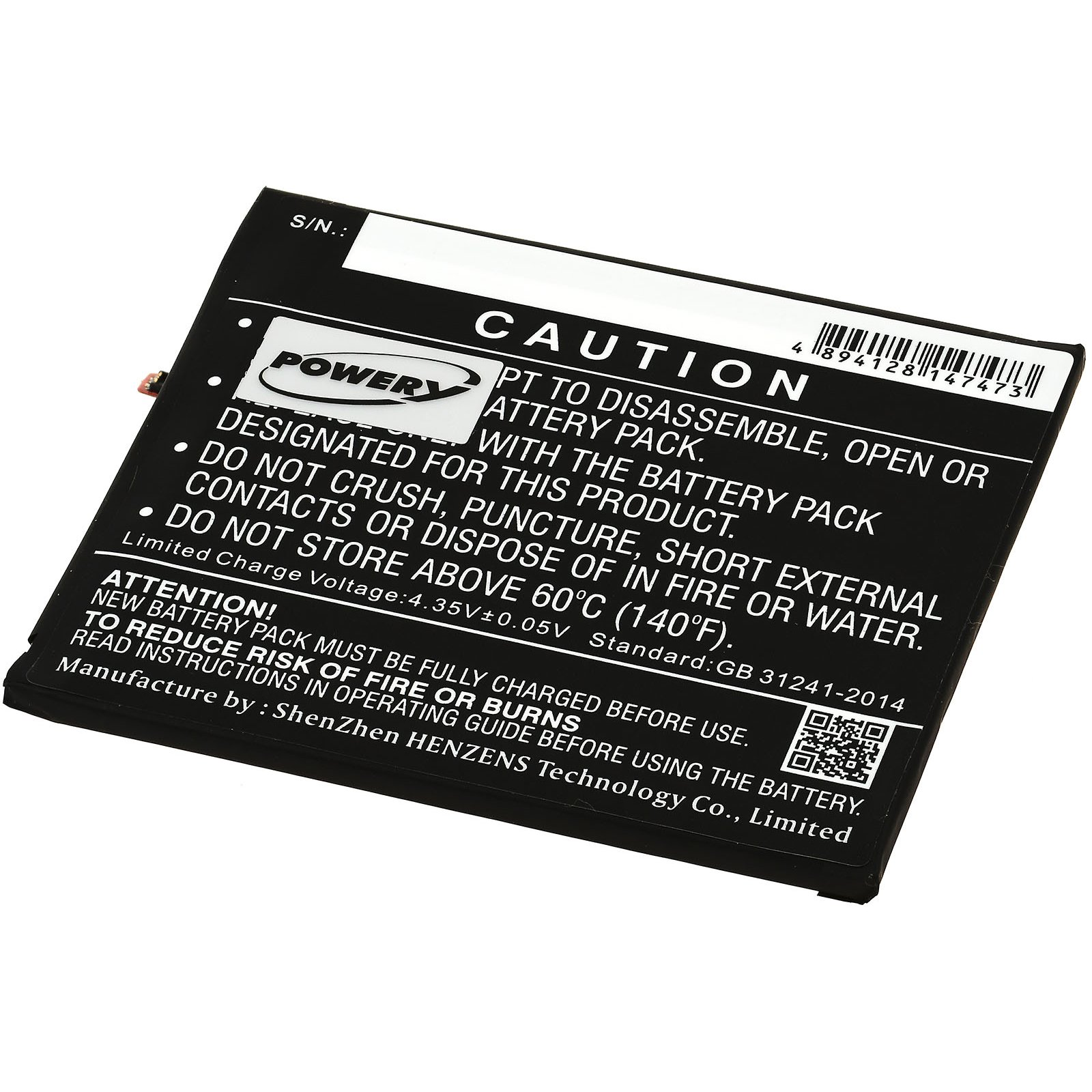 Batería negra con advertencias e instrucciones. También es visible el logotipo de PowerY.