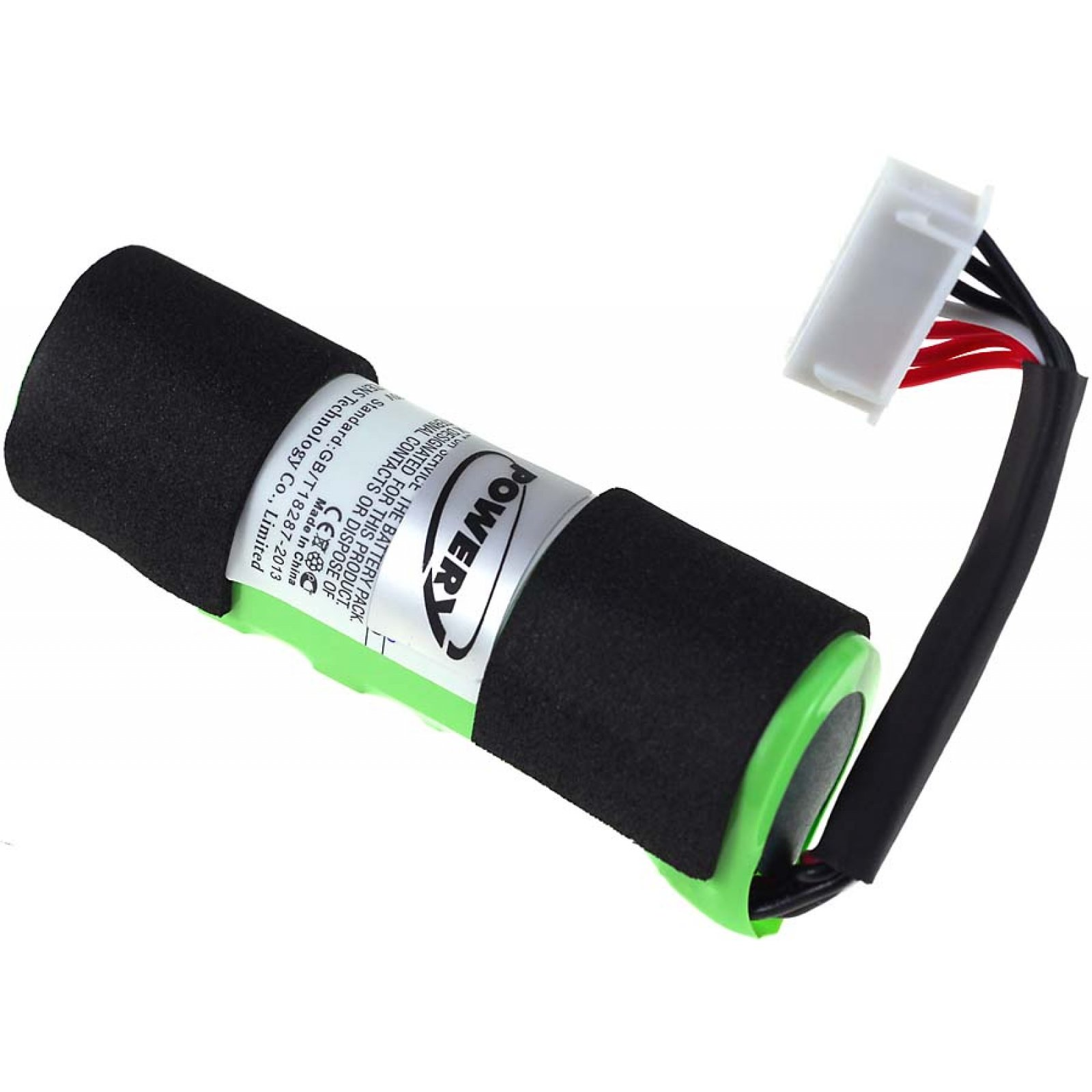 Batería cilíndrica con elementos negros y verdes, etiqueta blanca y conector con cables.