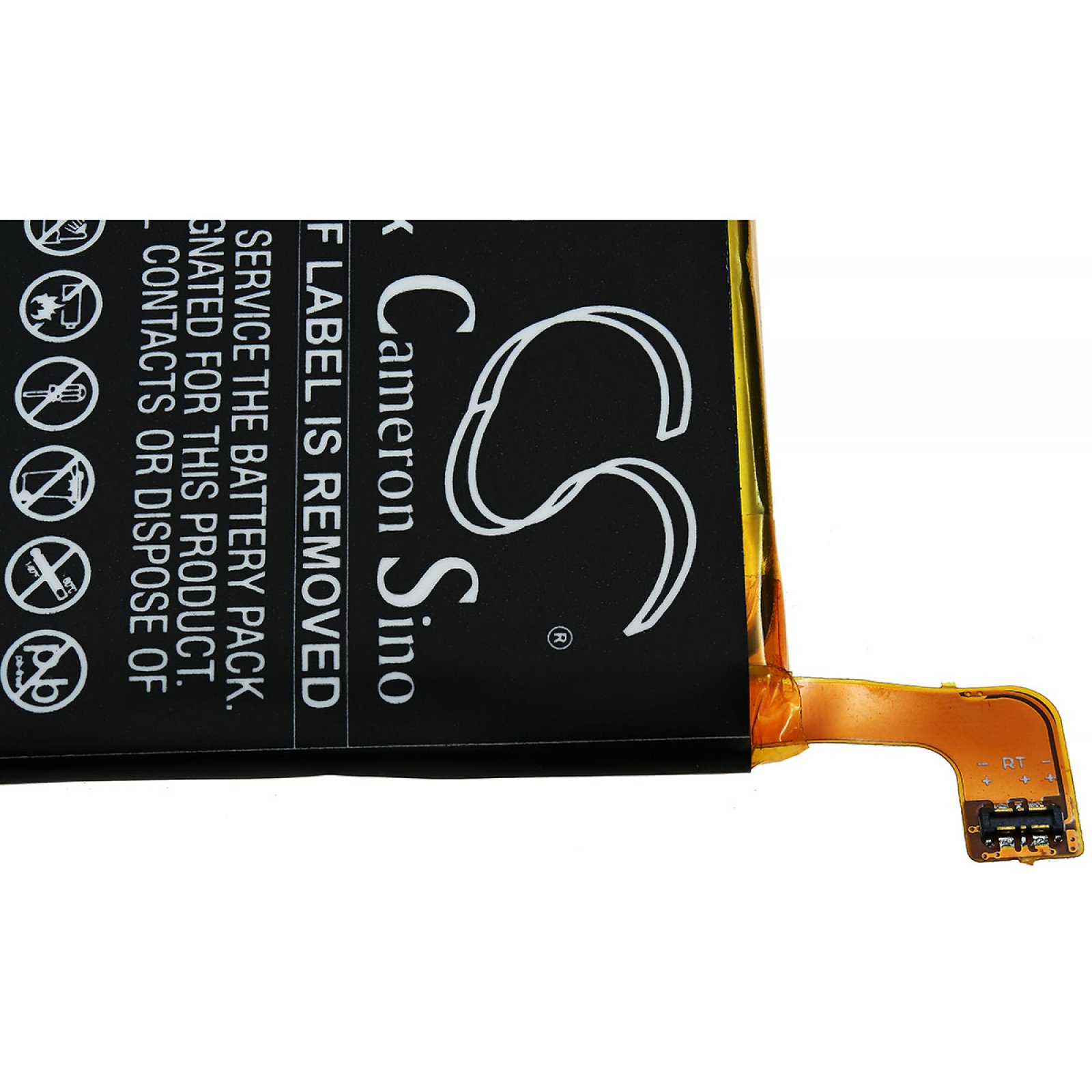 Paquete de batería de teléfono con texto y el logotipo de Cameron Sino. Combinación de colores amarillo y negro.