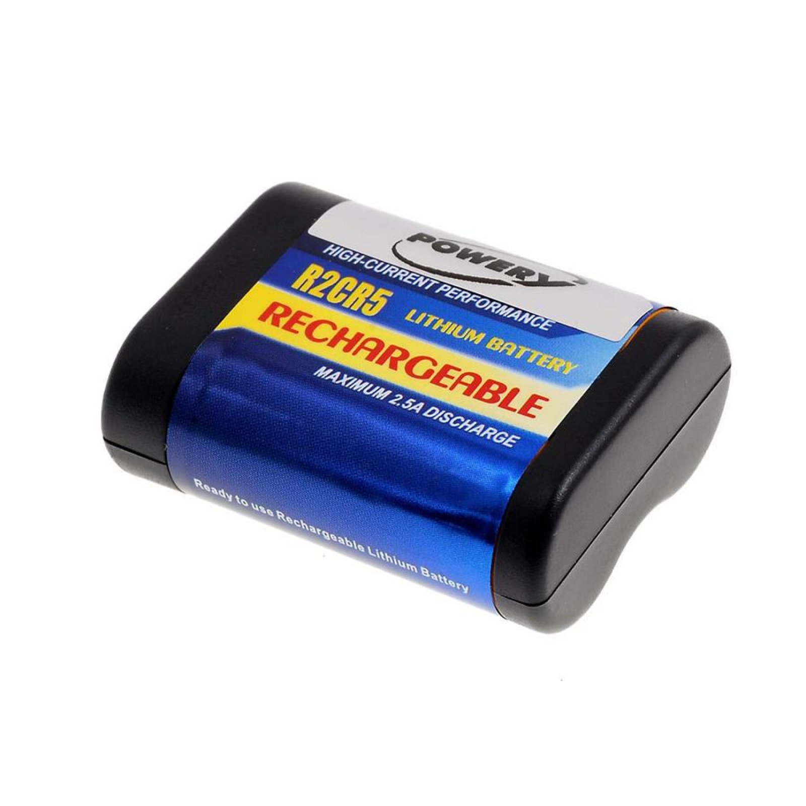 Un paquete de baterías recargables negro y azul con etiquetas de texto. El texto menciona batería de litio.