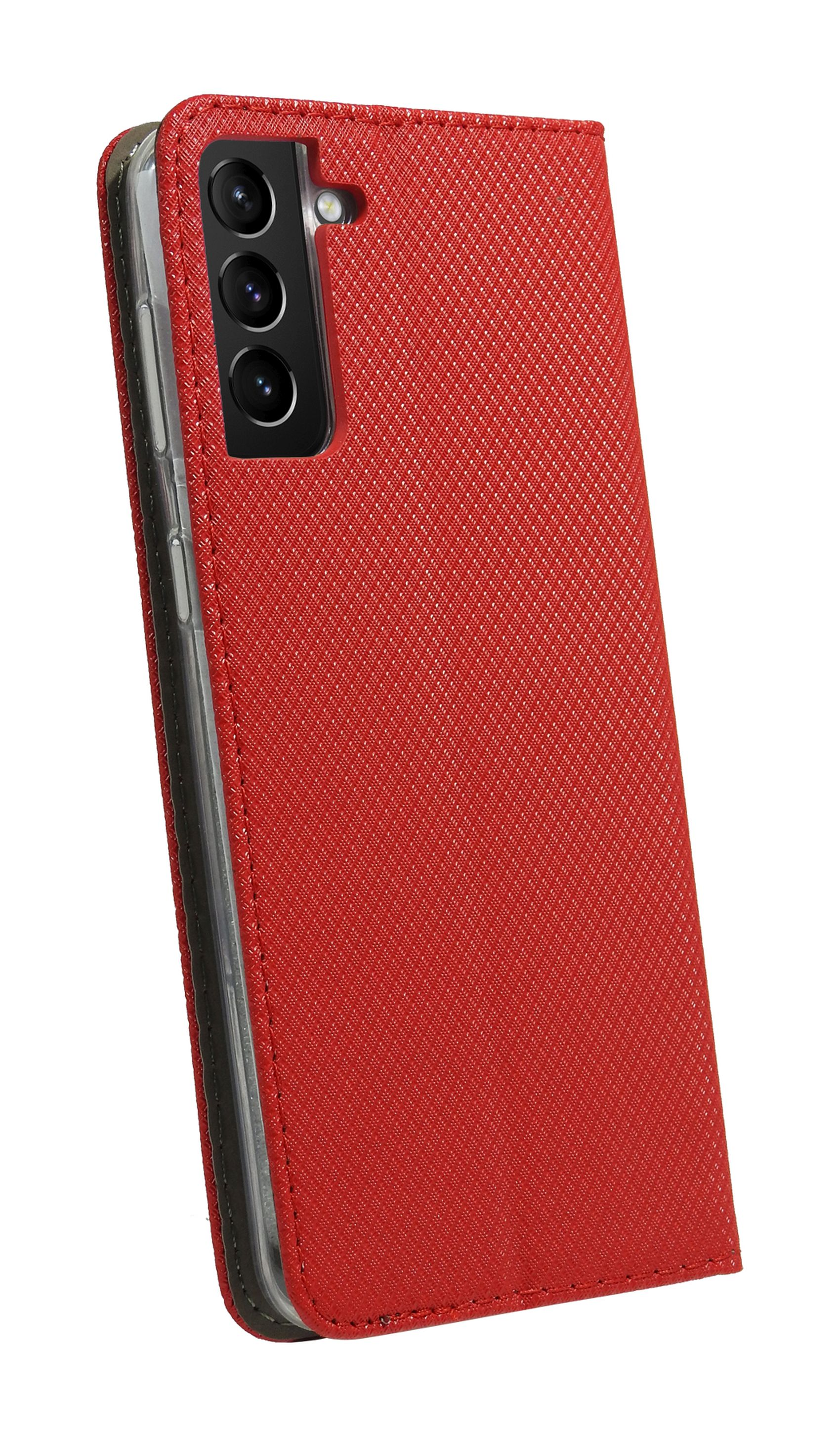 Rote Handyhülle. Offen, zeigt ein Telefon. Strukturiertes Rot, hat drei Kameras. Bedeckt die Rückseite.