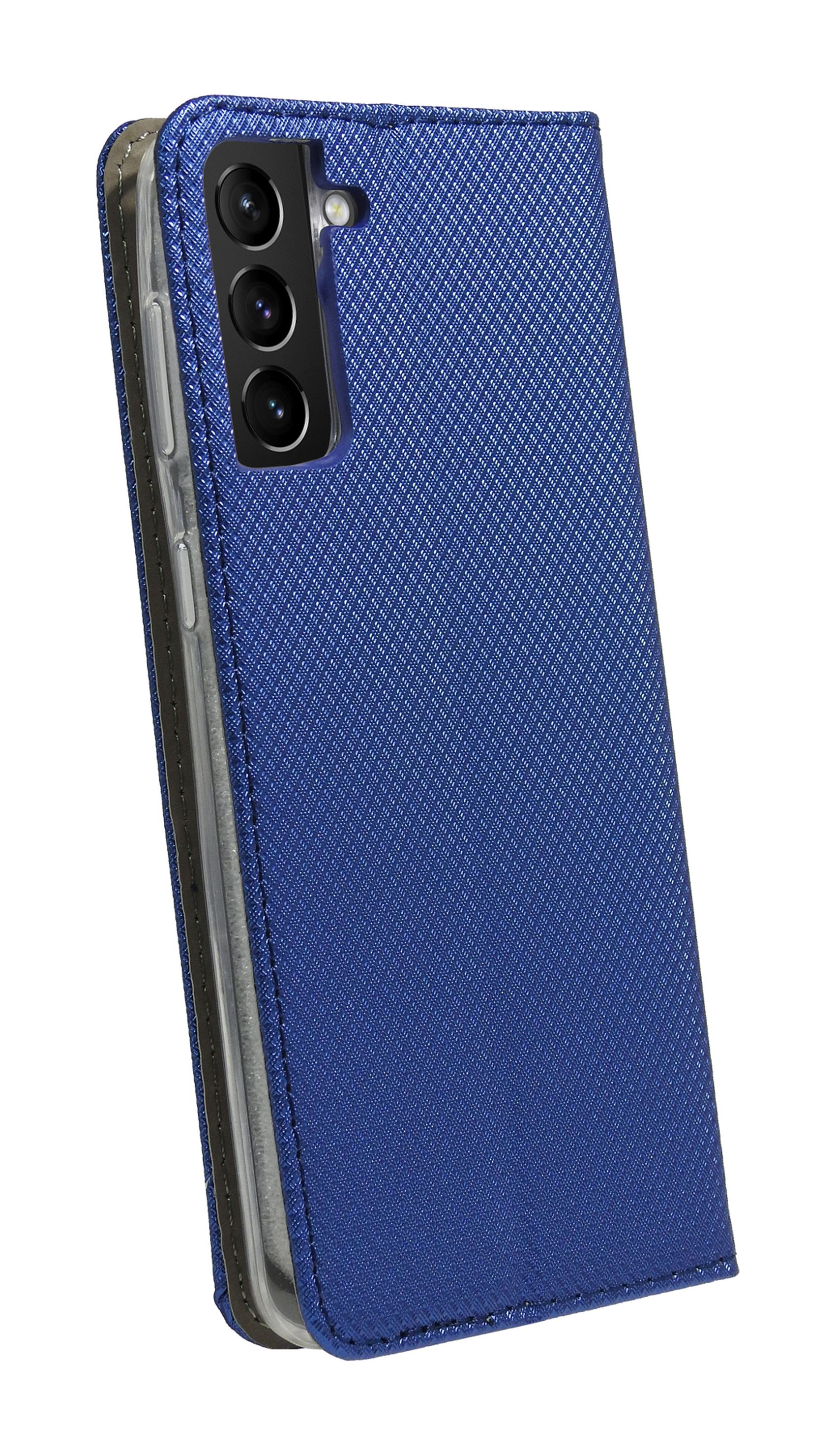 Eine blaue Handyhülle mit einem Telefon darin. Die Hülle ist offen und zeigt den Bildschirm.