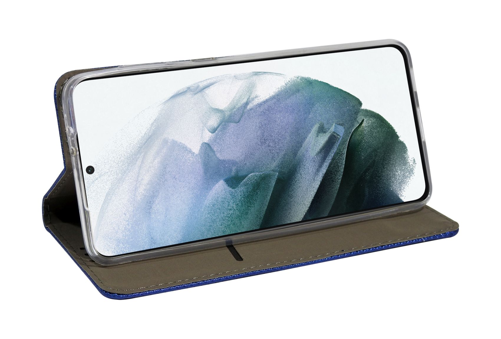 Offene blaue Handyhülle mit Telefon. Weißer Hintergrund.