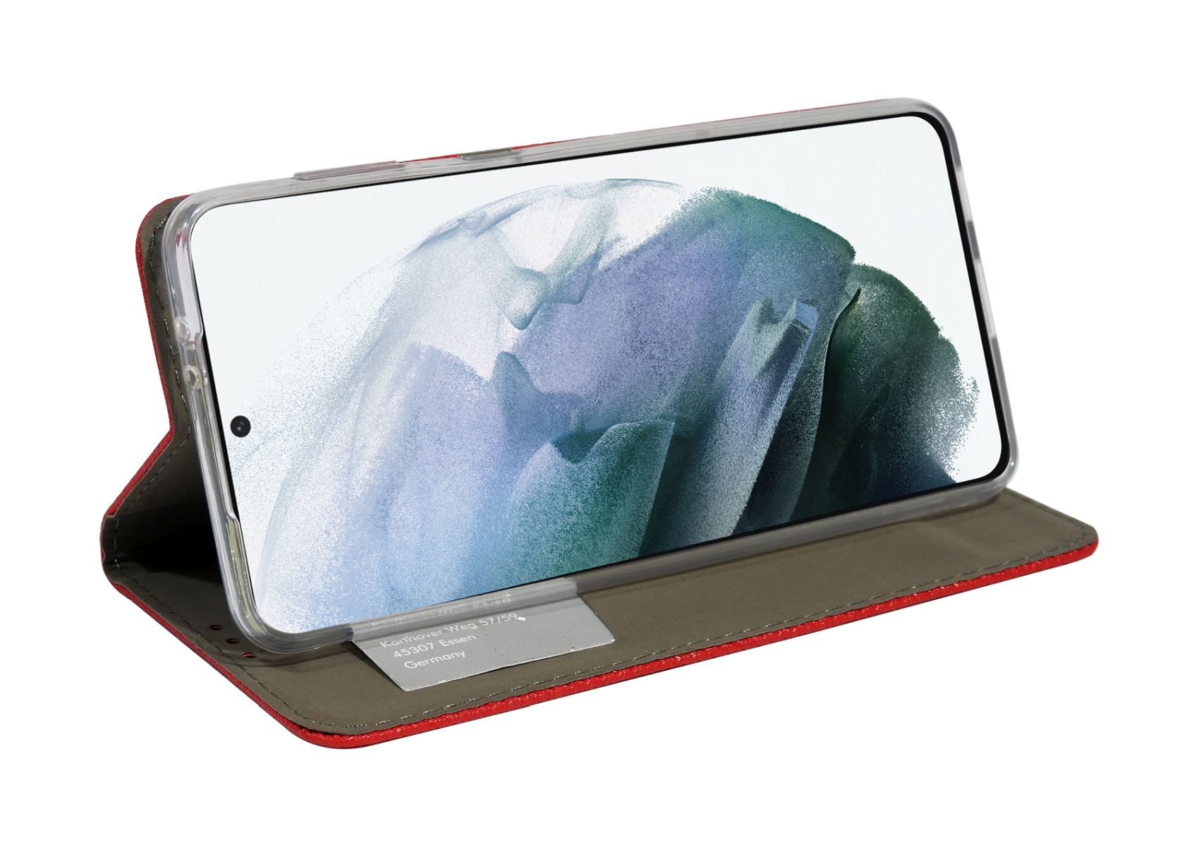 Rote Handyhülle mit Telefon. Die Hülle ist offen. Weißer Hintergrund.