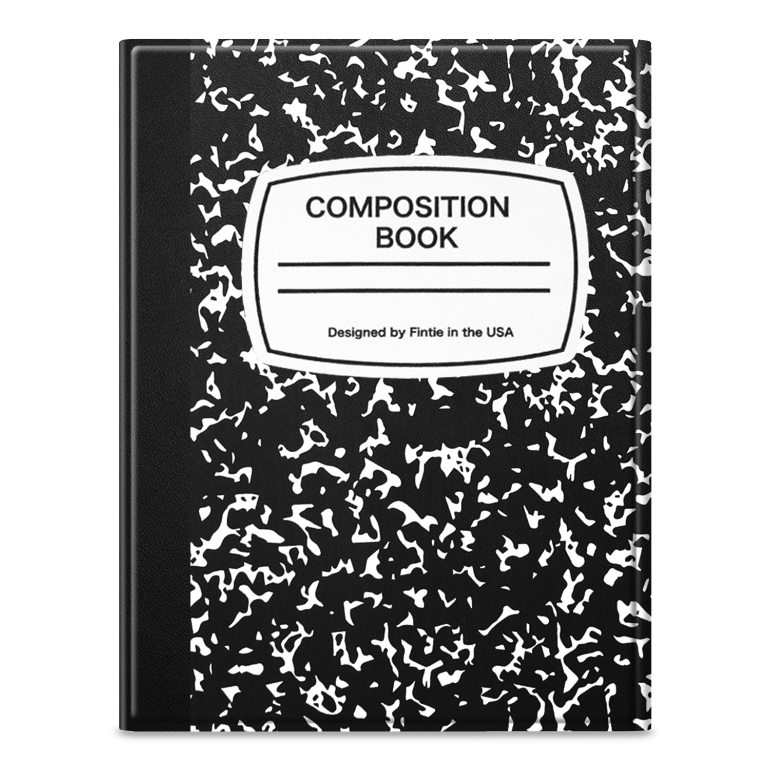 Notizbuch mit schwarz-weiß gesprenkeltem Einband. Weißes Etikett mit "Composition Book".