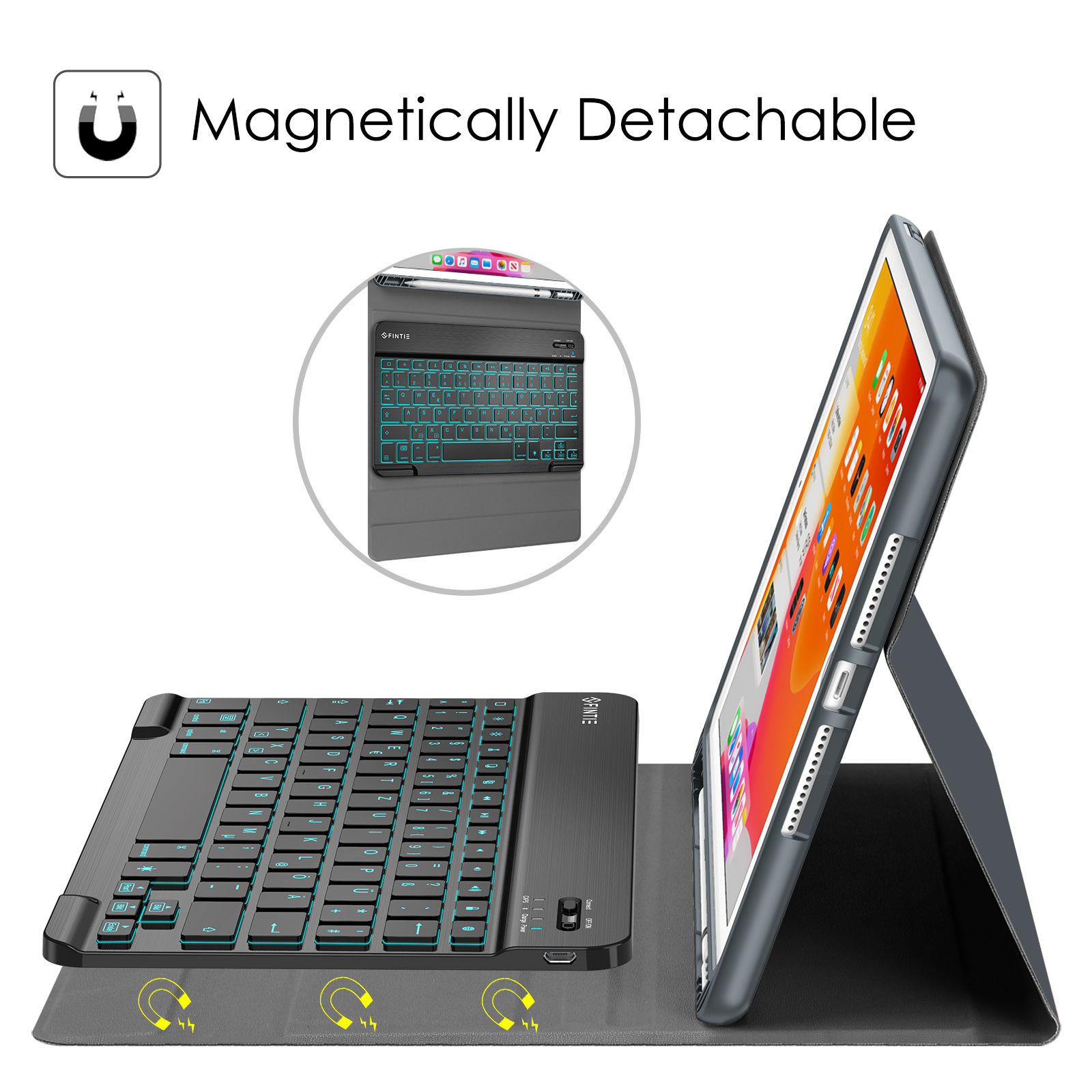 Eine graue Tablet-Tastaturhülle. Sie ist magnetisch abnehmbar, mit einem Tablet befestigt. Die Tastatur hat blaue Lichter.