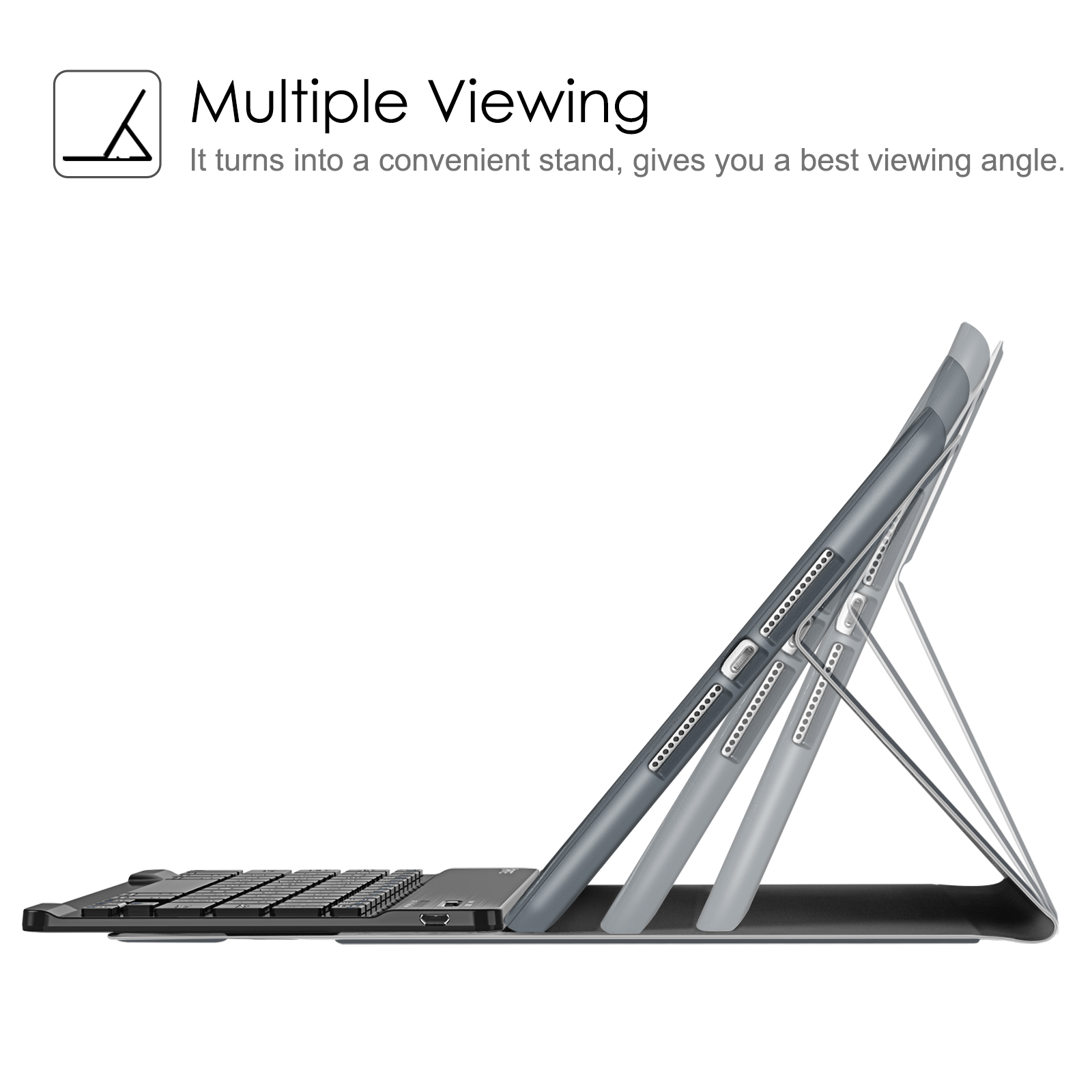 Tablet-Hülle in verschiedenen Positionen mit Tablet. Bietet verschiedene Betrachtungswinkel.