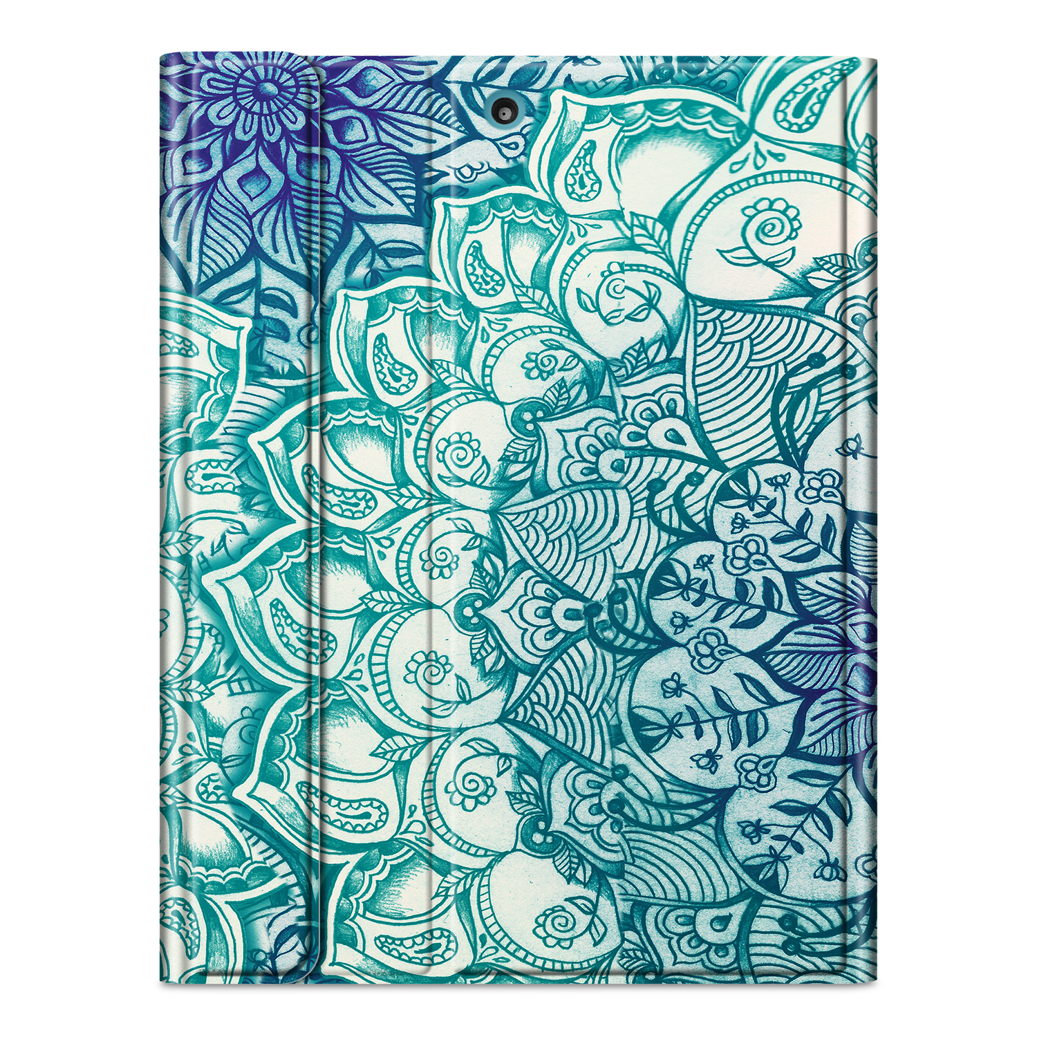 Tablethülle mit detailliertem blau-türkisfarbenem Blumendesign.