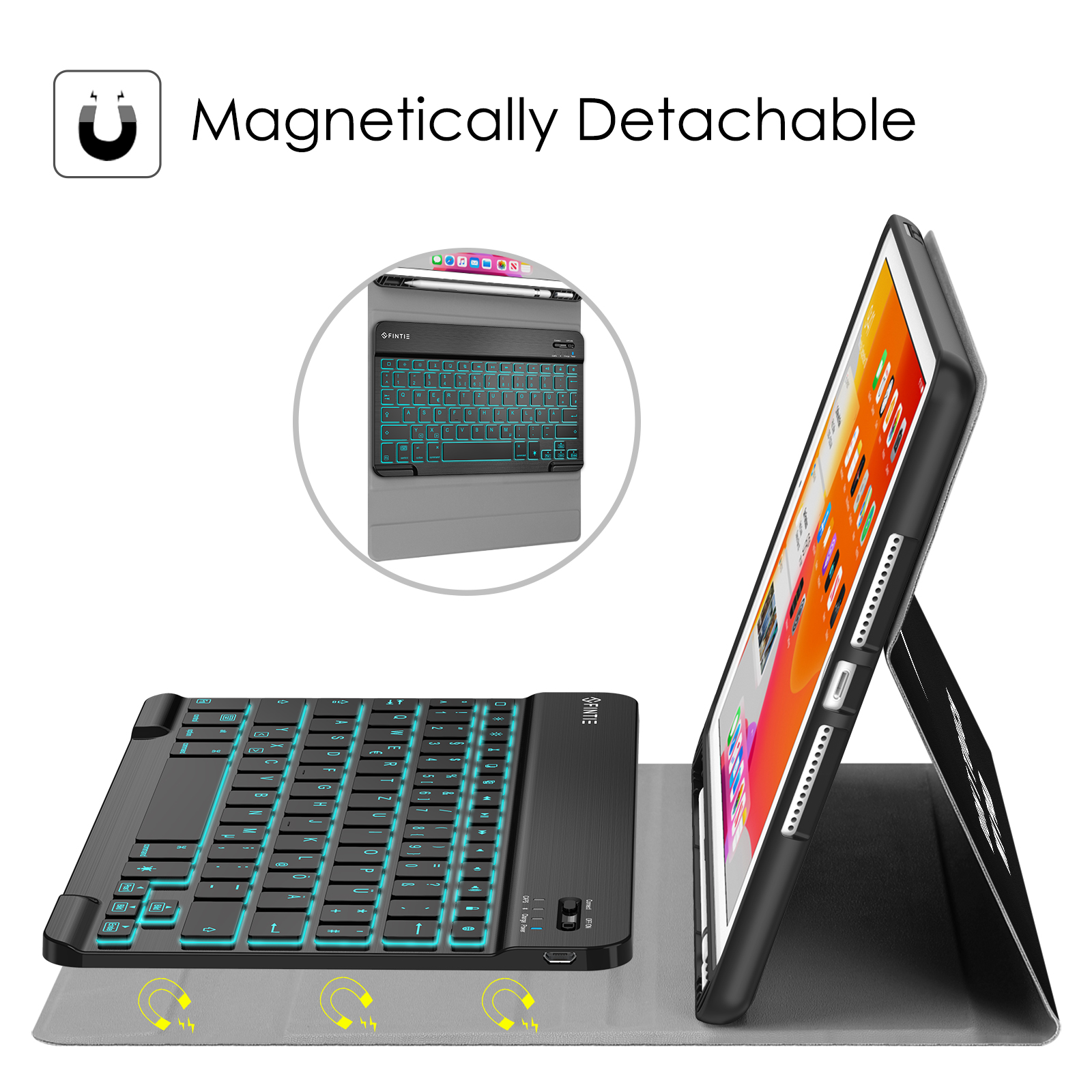 Eine schwarze Tastatur mit blauer Hintergrundbeleuchtung und ein Tablet in einer Hülle. Die Tastatur ist magnetisch abnehmbar.