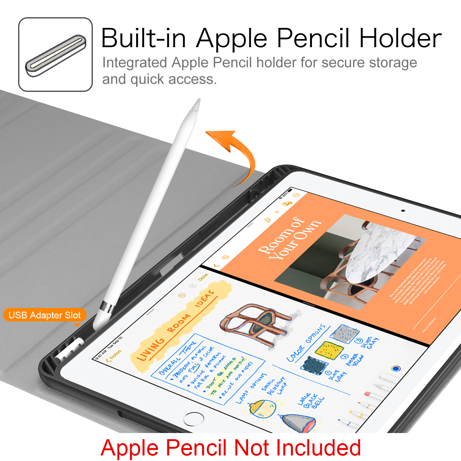 iPad mit Apple Pencil. Bildschirm zeigt Notizen und Ideen. Stift weiß, iPad schwarz.