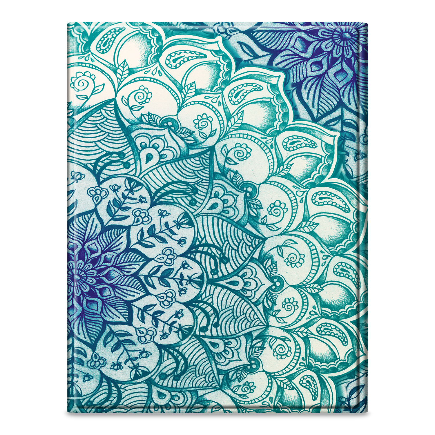 Ein türkisblaues Mandala-Design auf weißem Hintergrund. Das Design ist aufwendig mit floralen Mustern.