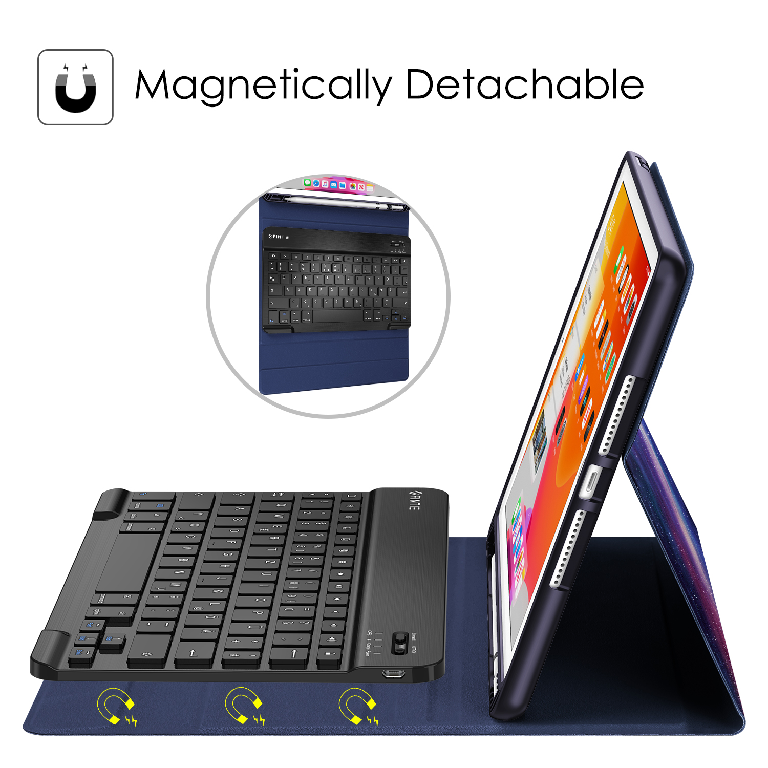 Tablet mit Tastaturhülle, mit abnehmbarer Tastatur und Tablet angewinkelt.