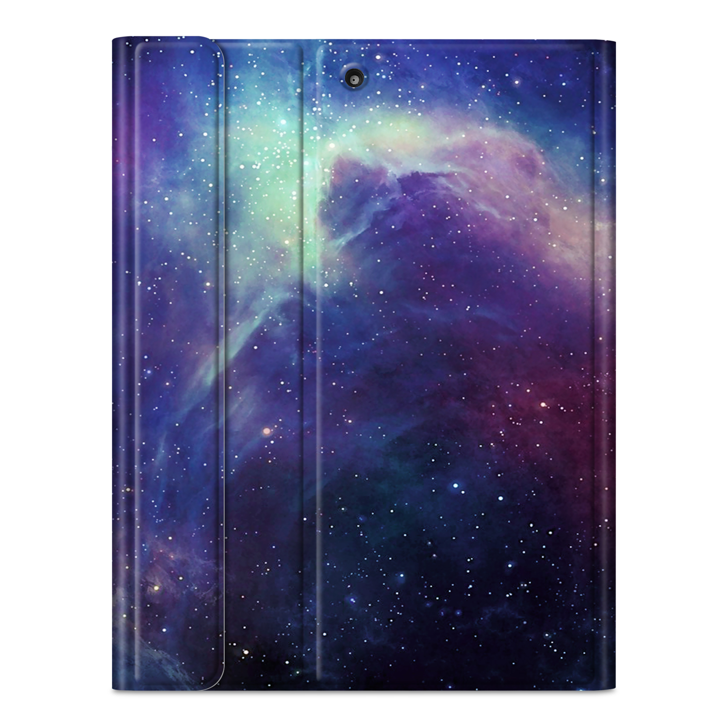 Tablet-Hülle mit Weltraum-Design in Blau-, Lila- und Weißtönen.