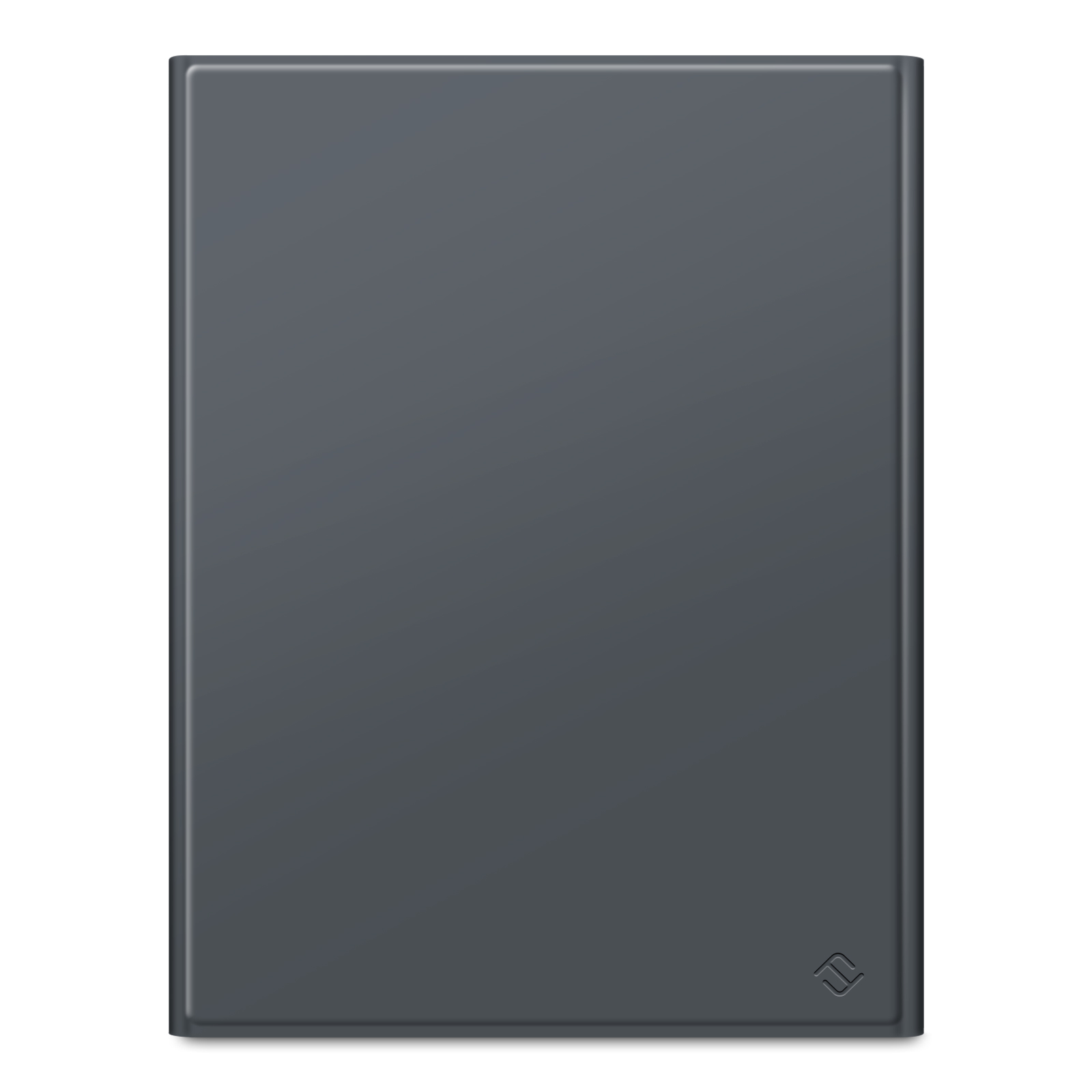 Eine graue Tablethülle mit glatter Oberfläche und kleinem Logo in der Ecke.