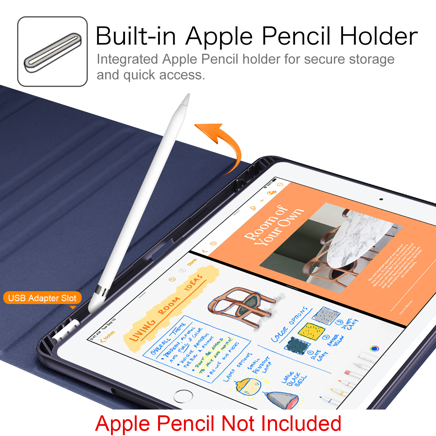 Ein Tablet mit Stift, Hülle und Notizen auf dem Bildschirm.
