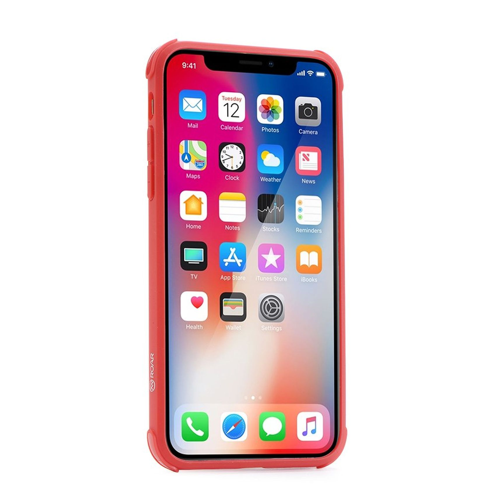 Ein rotes iPhone X mit Hülle auf weißem Hintergrund. Der Bildschirm zeigt App-Symbole.