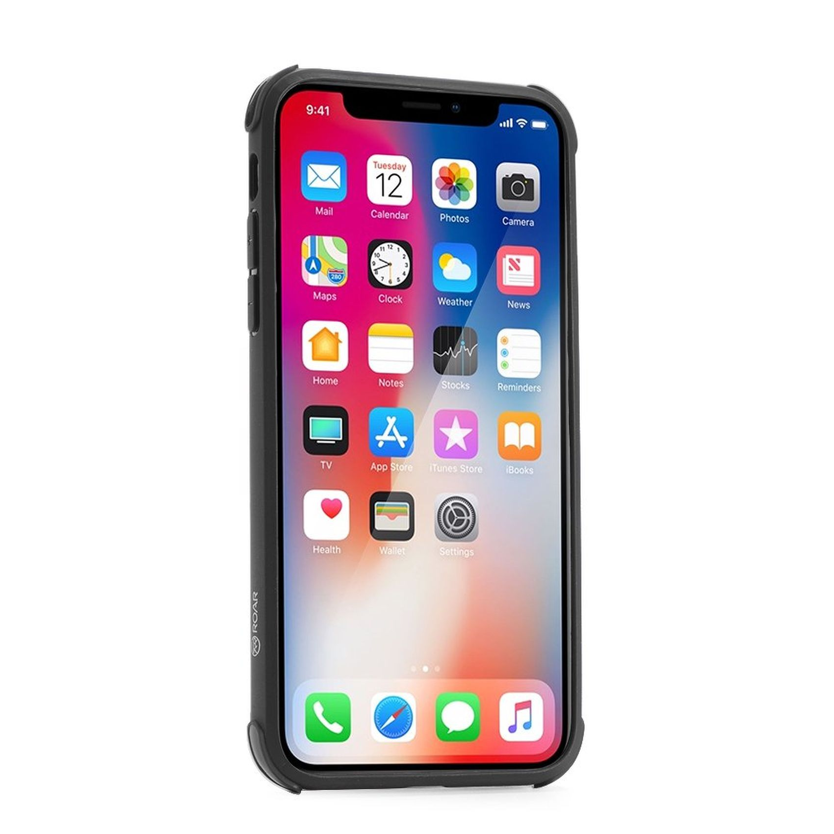 Smartphone in schwarzem Gehäuse, das den Startbildschirm mit Symbolen anzeigt.