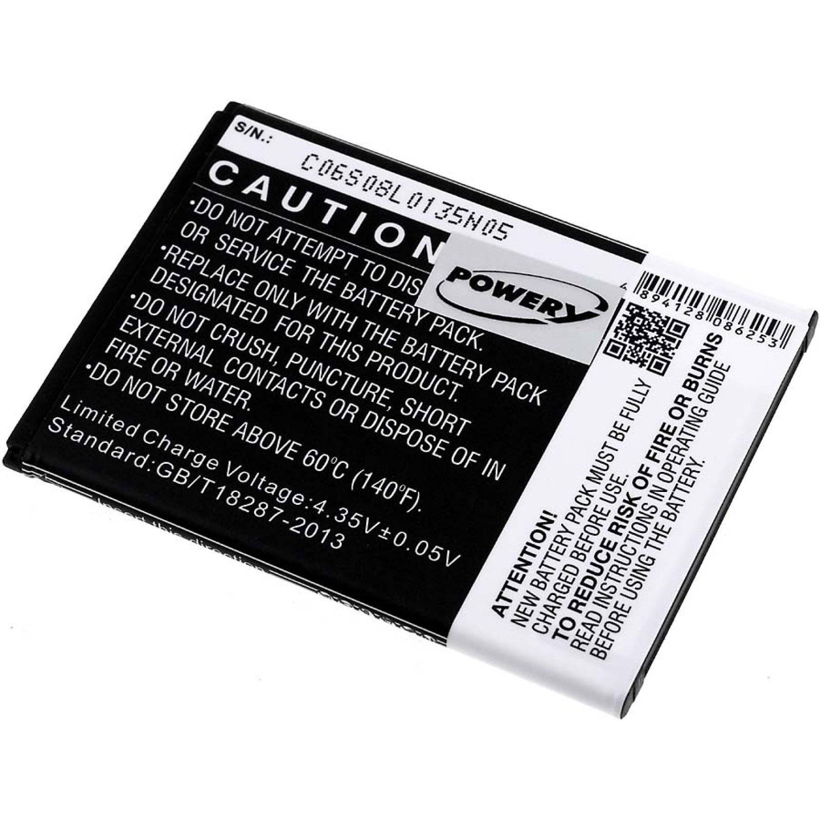 Batería negra con etiqueta blanca. Etiquetas: S/N, PRECAUCIÓN, y POWER. Se enumeran las especificaciones.