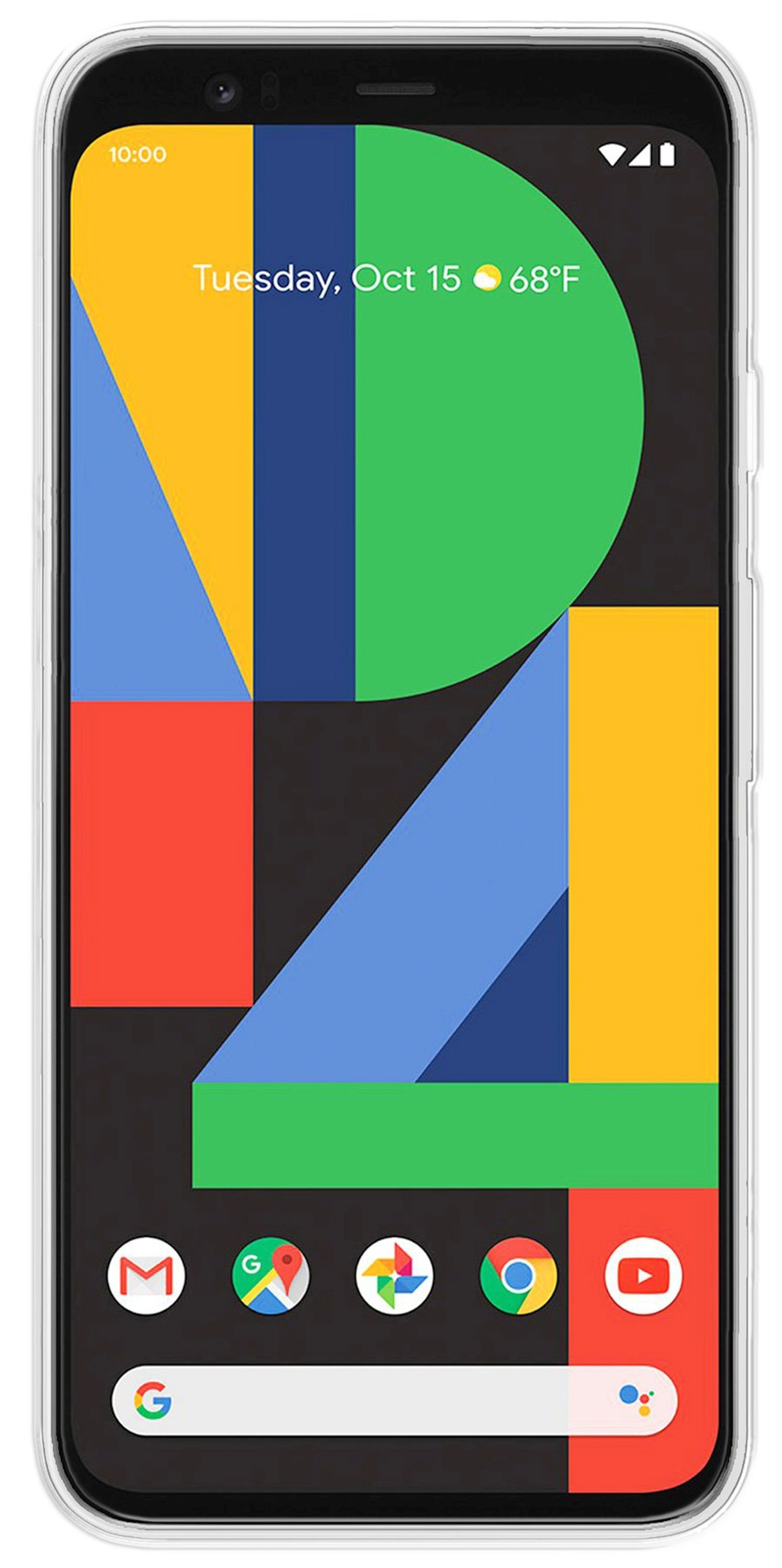 Ein Telefon mit einem farbenfrohen abstrakten Hintergrund auf seinem Bildschirm, der die Uhrzeit und Apps anzeigt.
