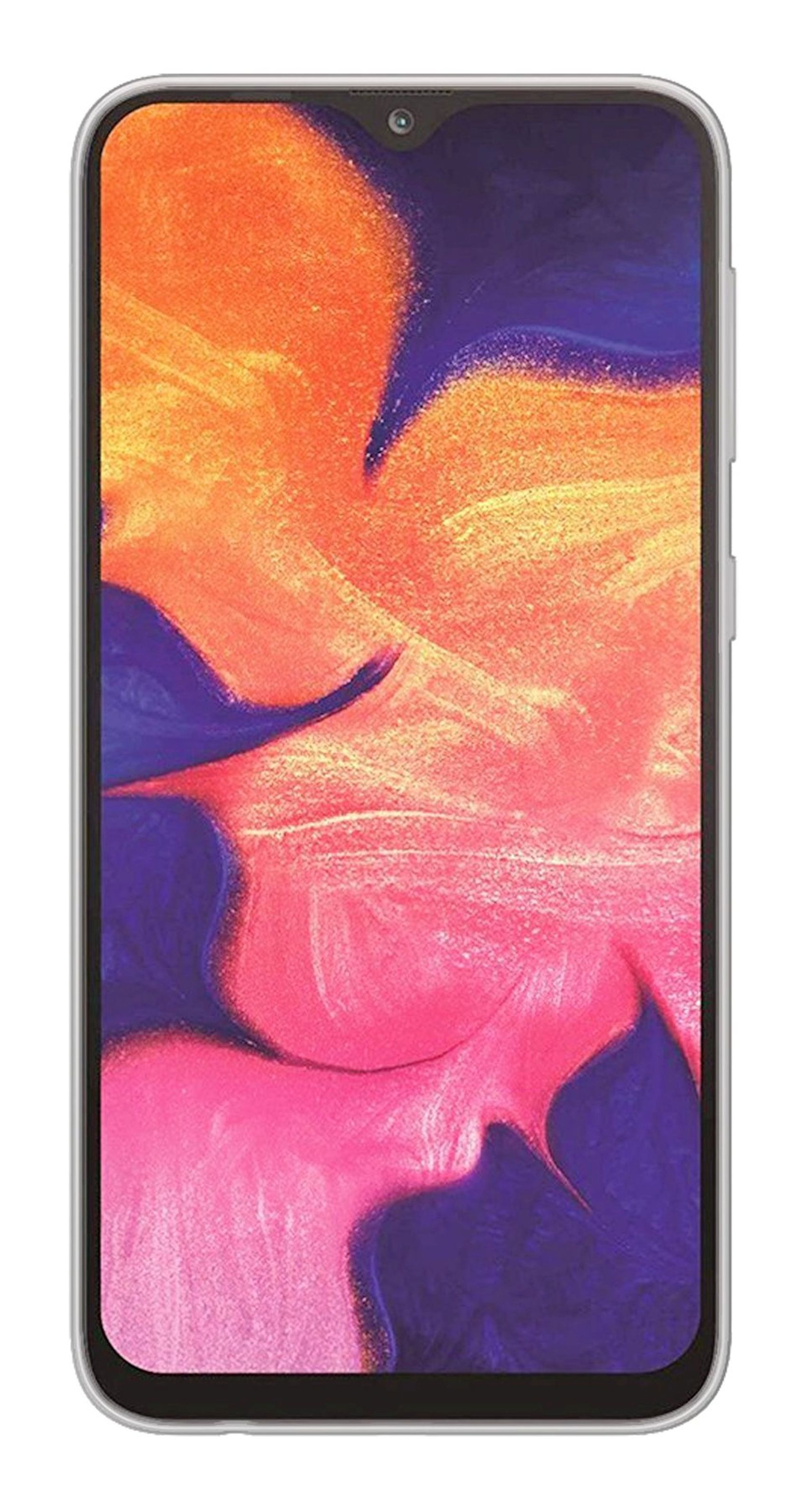 Smartphone mit farbenfrohem, abstraktem Hintergrund. Das Telefon befindet sich in einem grauen Rahmen. Der Bildschirm ist an.