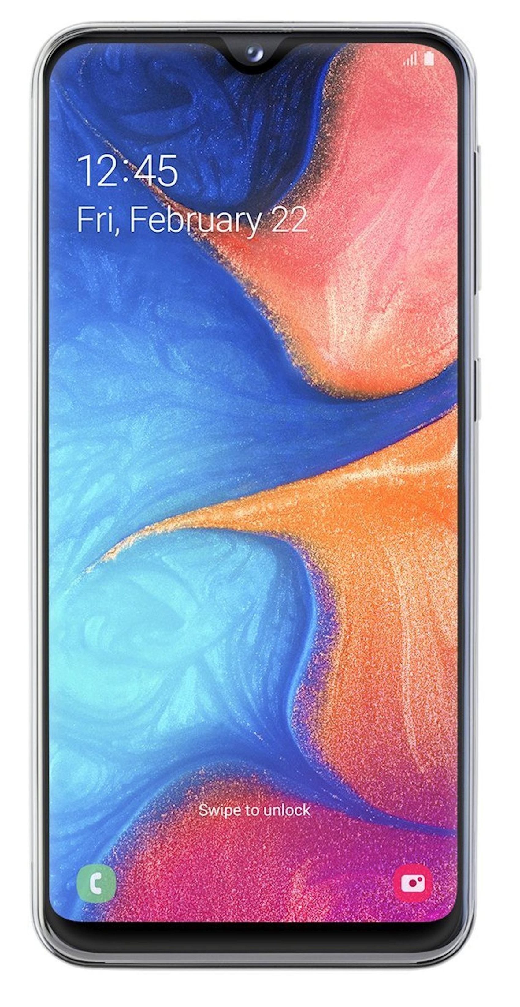 Ein Smartphone zeigt ein farbenfrohes abstraktes Bild. Das Telefon zeigt Uhrzeit und Datum. Eine transparente Hülle umgibt das Telefon.