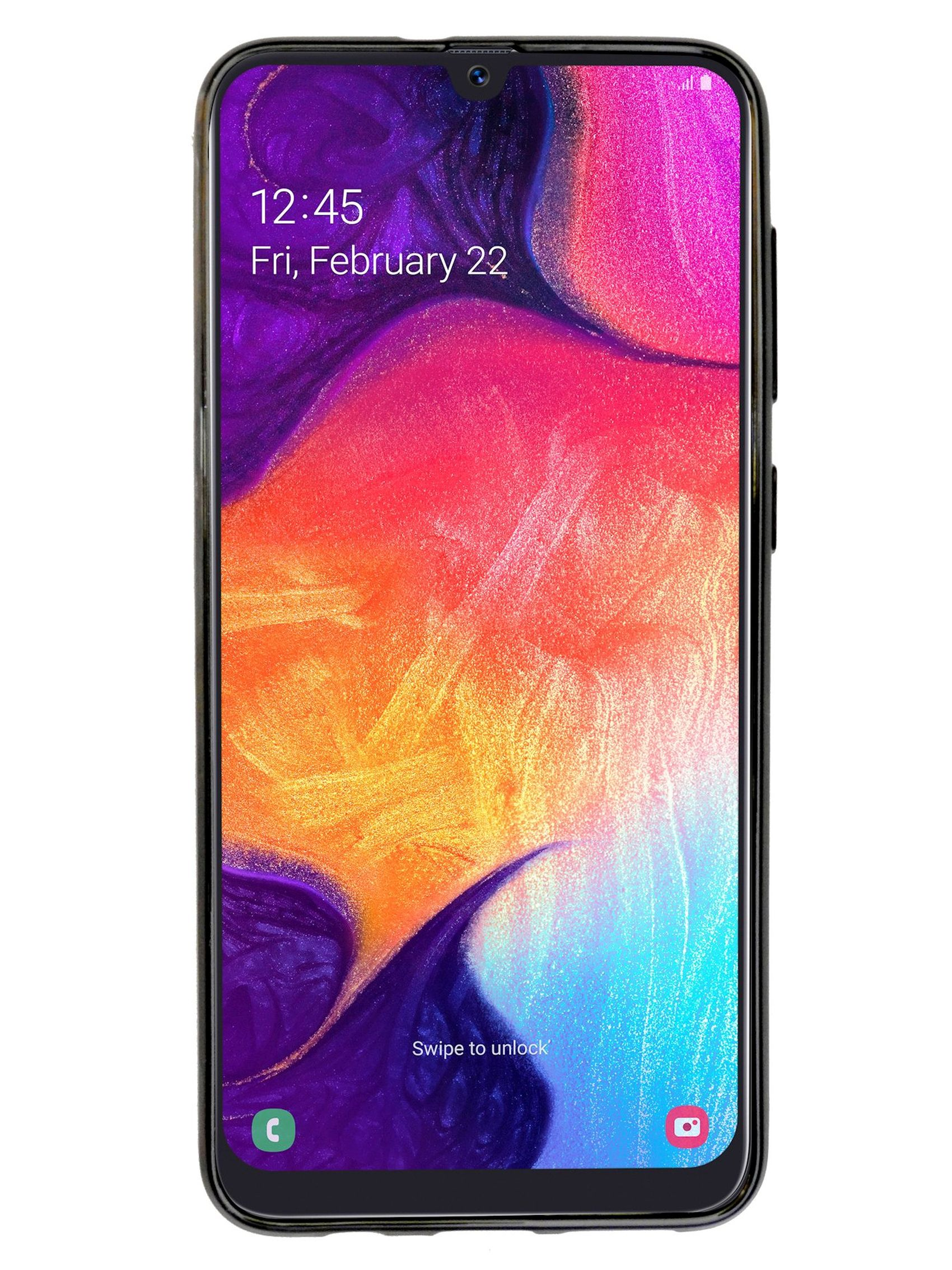 Ein Samsung-Telefon mit schwarzer Hülle. Der Bildschirm zeigt Uhrzeit und Datum mit farbenfrohem Hintergrund.