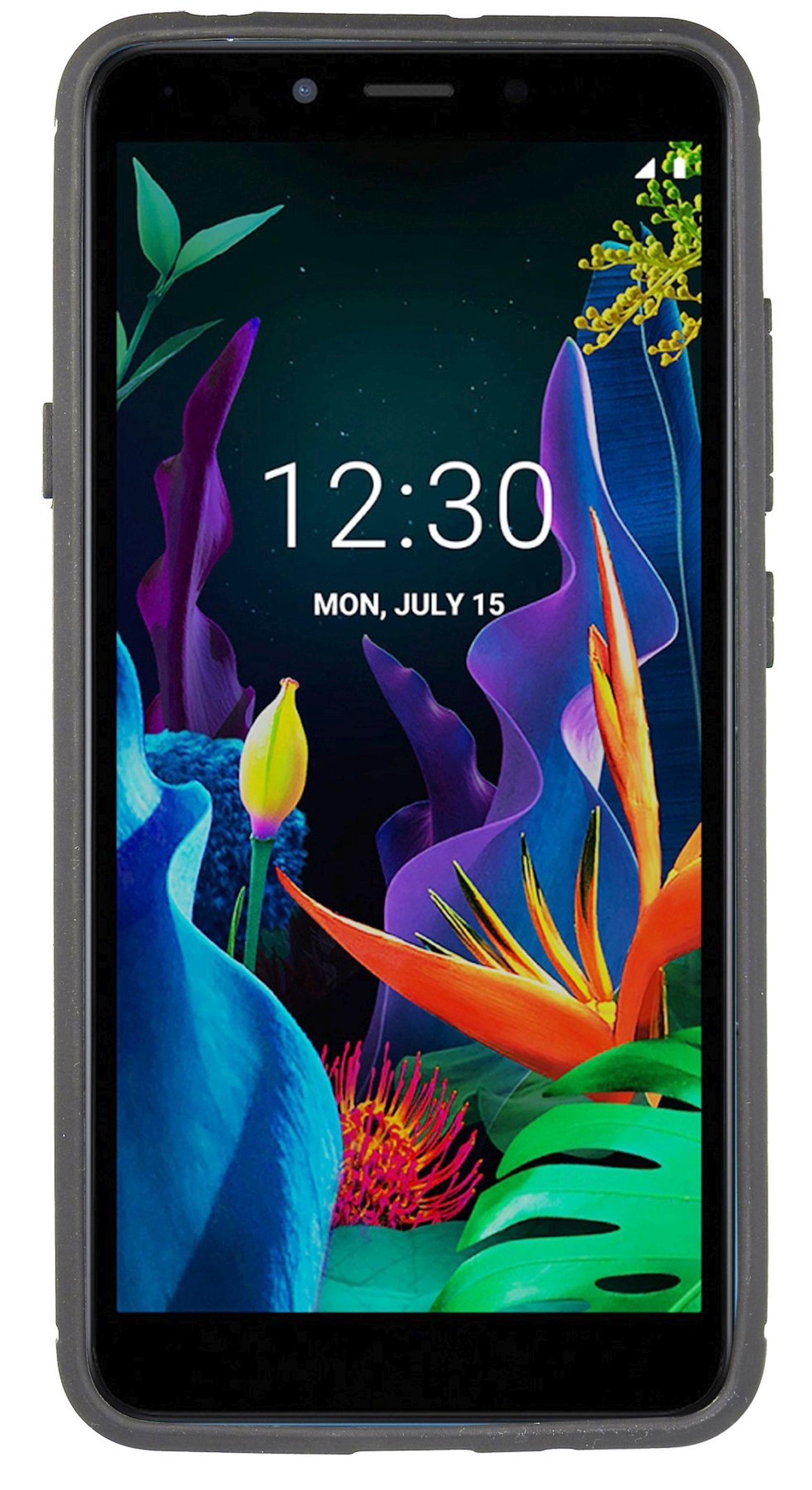 Ein schwarzes Telefon in einem grauen Gehäuse, das die Uhrzeit und App-Symbole mit floralem Hintergrund anzeigt.