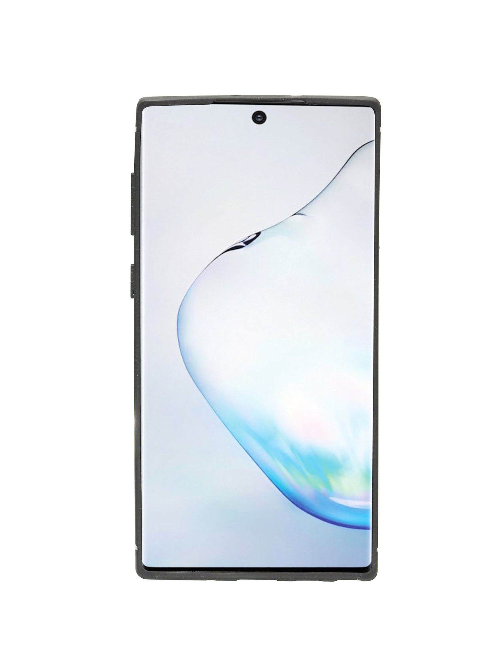 Ein Smartphone in einer schwarzen Hülle. Der Bildschirm zeigt ein geschwungenes, blau-weißes Design.