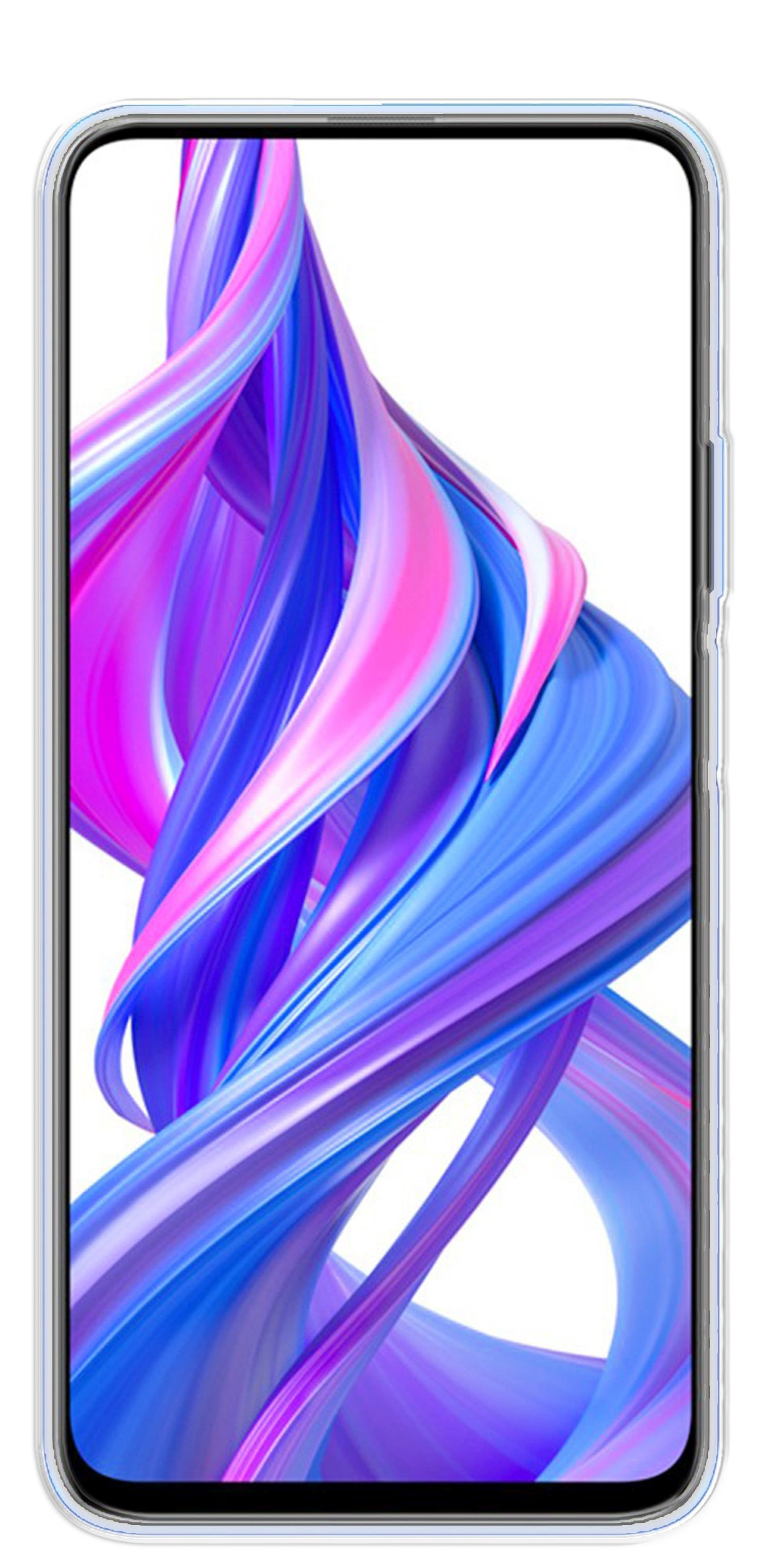 Ein Telefon in einer durchsichtigen Hülle mit einem farbenfrohen abstrakten Design auf dem Bildschirm.