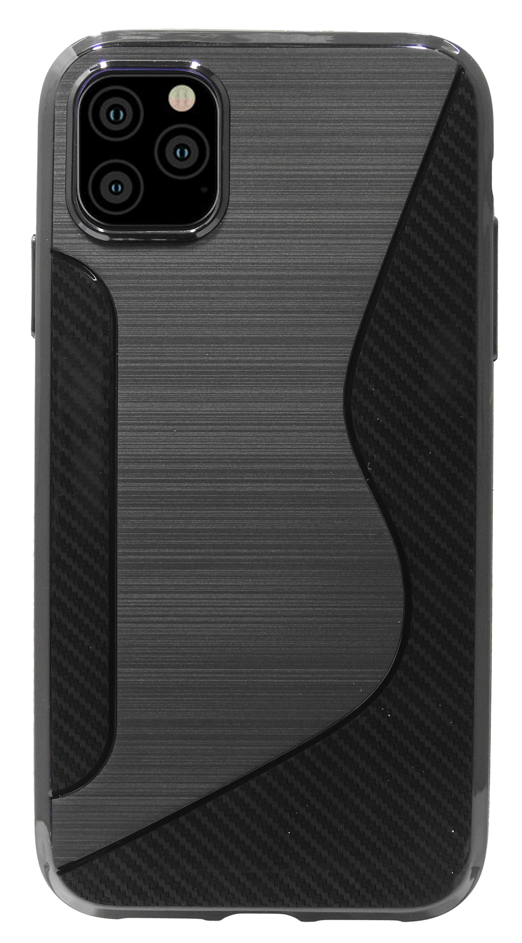 Schwarze Handyhülle mit Carbonfaser-Design. Mit Kameraschieber und transparentem Rahmen.
