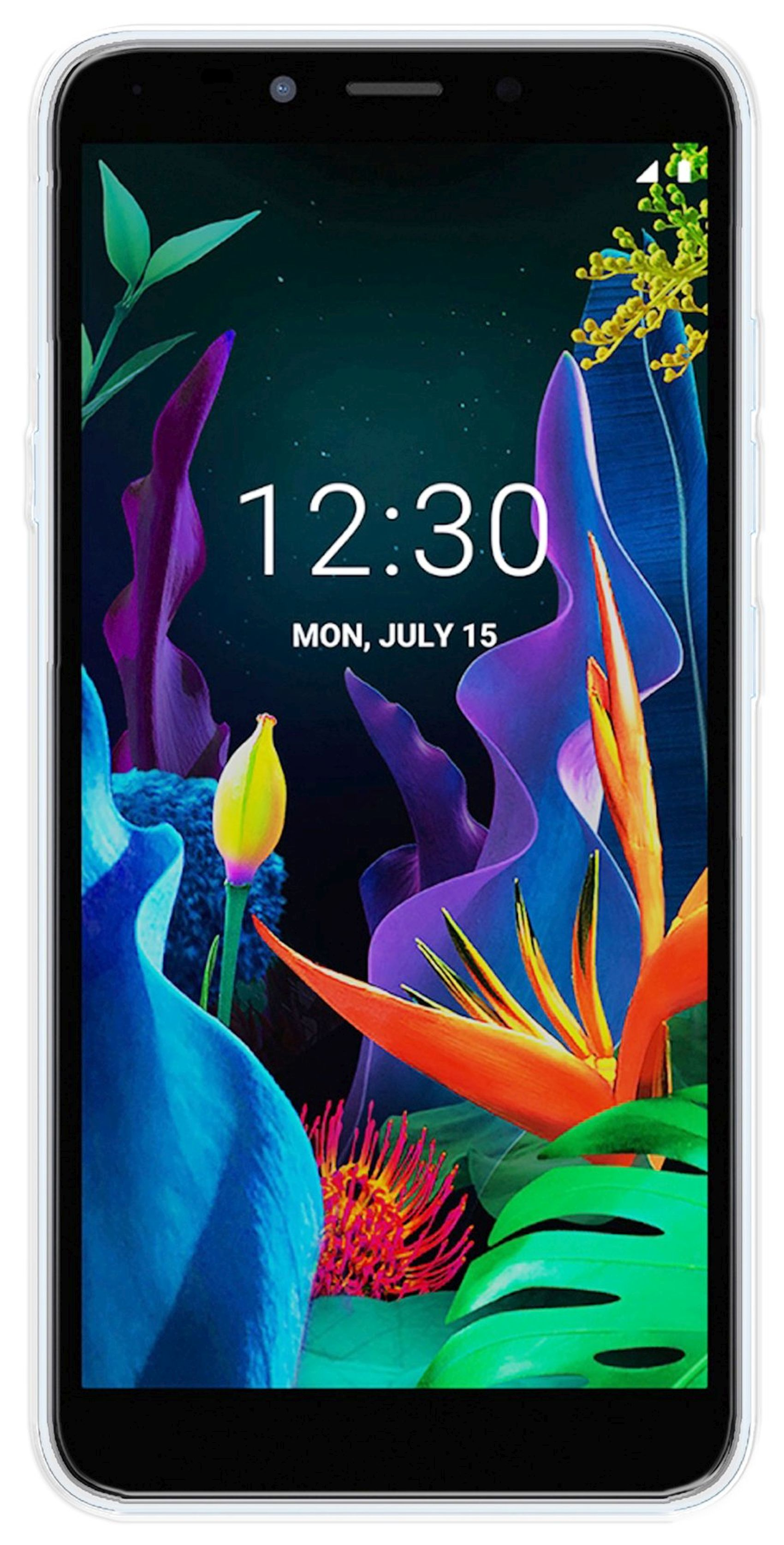 Smartphone-Bildschirm mit farbenfrohem floralem Hintergrund und Zeitanzeige.