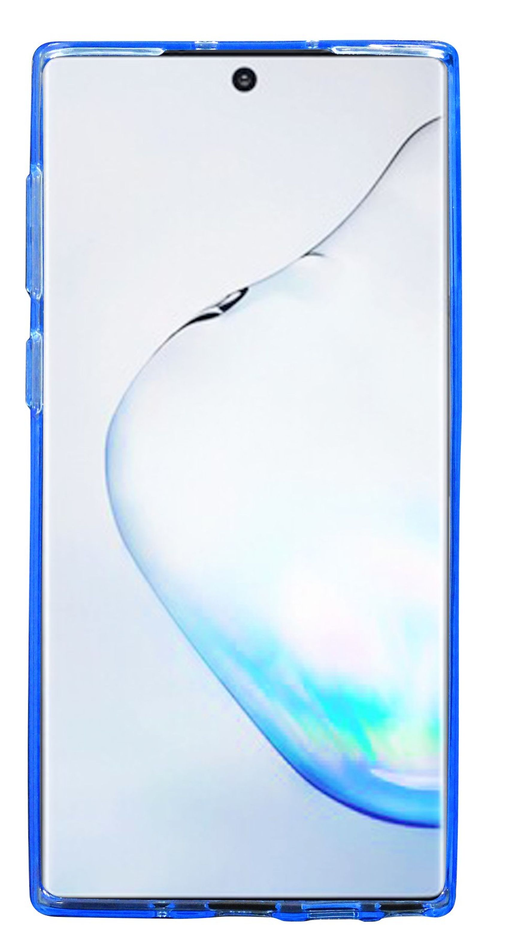 Blau gerahmtes Smartphone mit weißem Bildschirm, Kurvendesign, mit blauem Gehäuse.