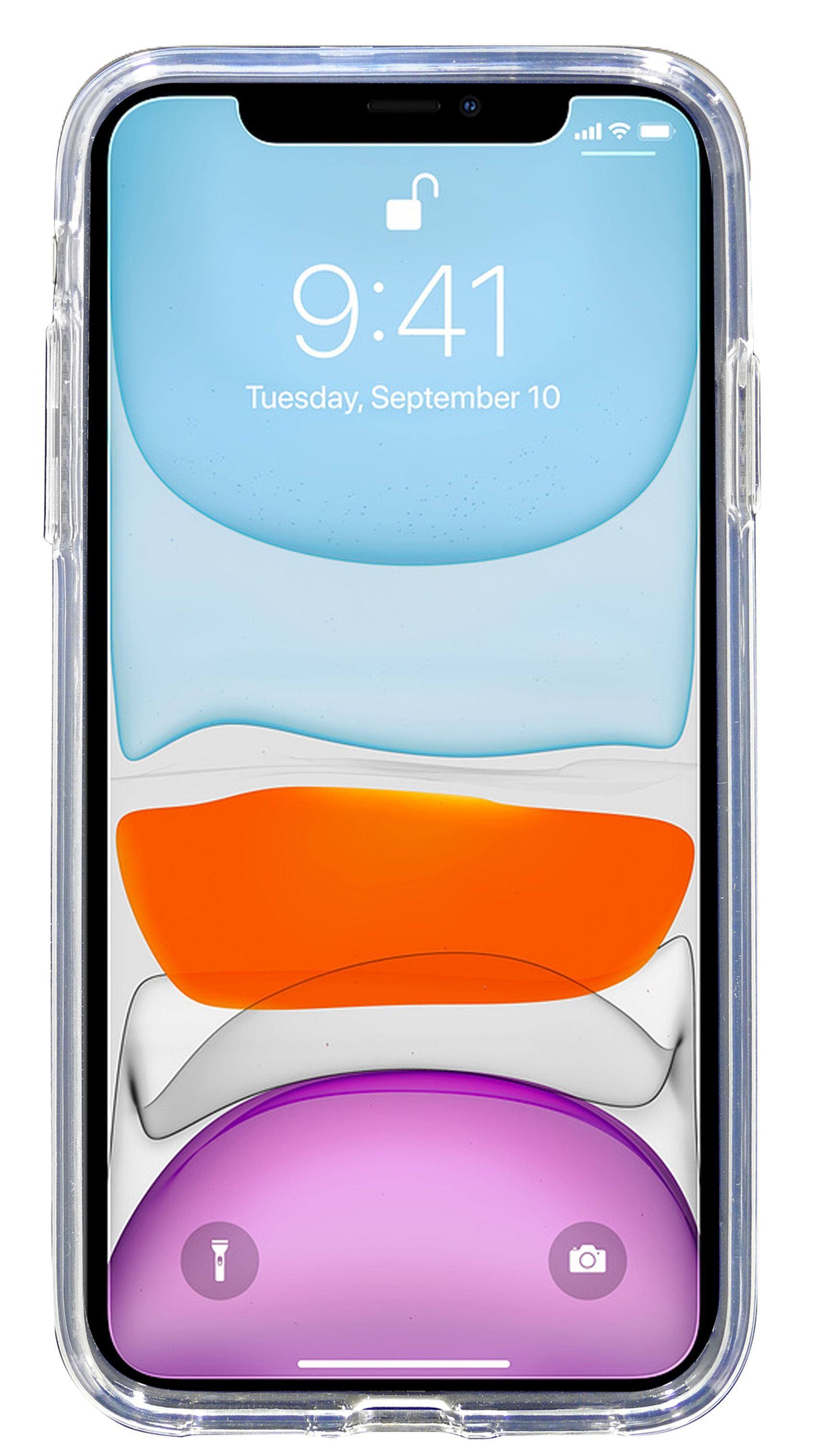 Smartphone in transparenter Hülle, zeigt den Startbildschirm mit App-Symbolen und einen gesperrten Bildschirm.