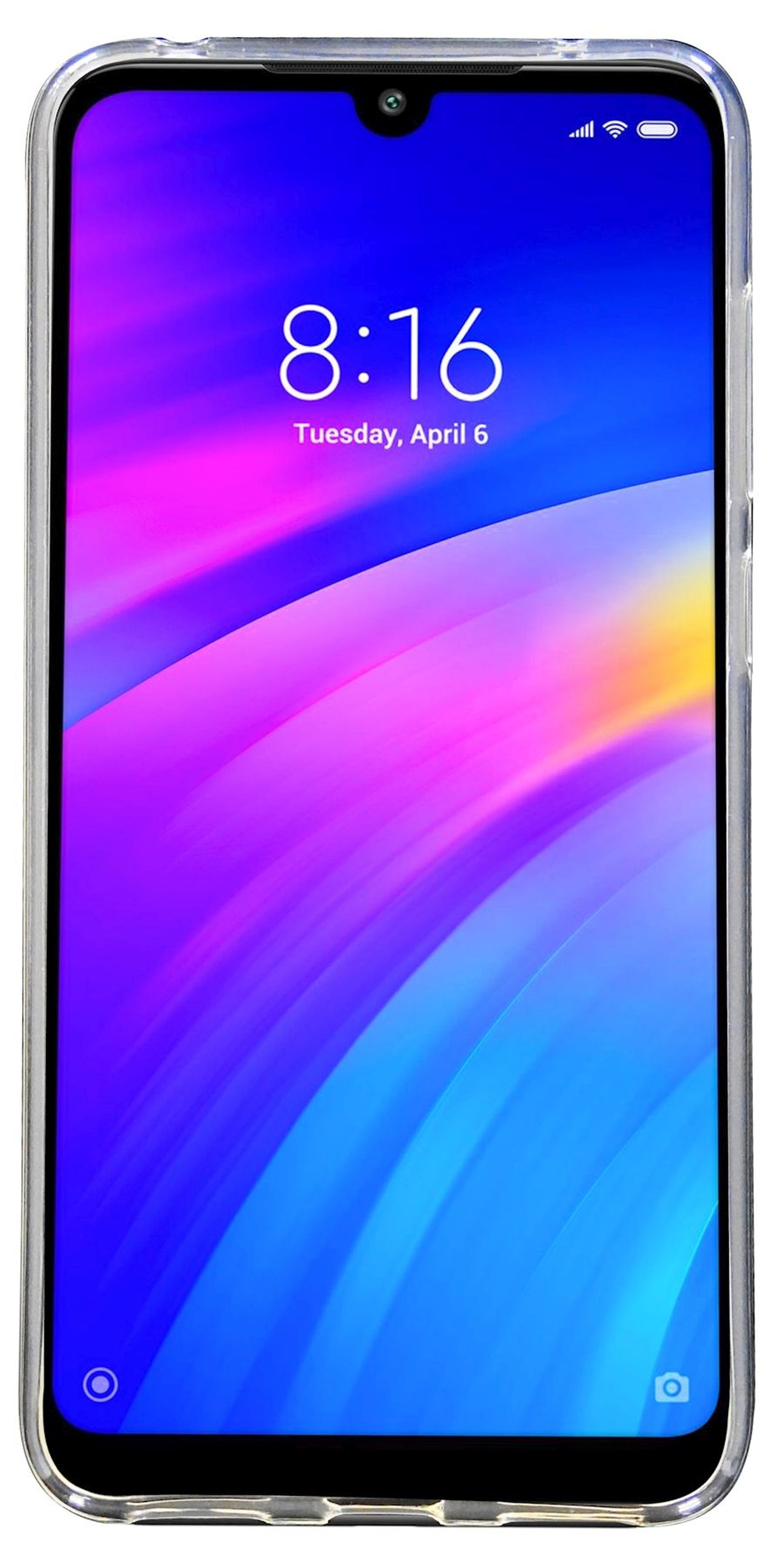 Smartphone in einer durchsichtigen Hülle, die Uhrzeit und Datum anzeigt. Telefon hat Tropfen-Notch.