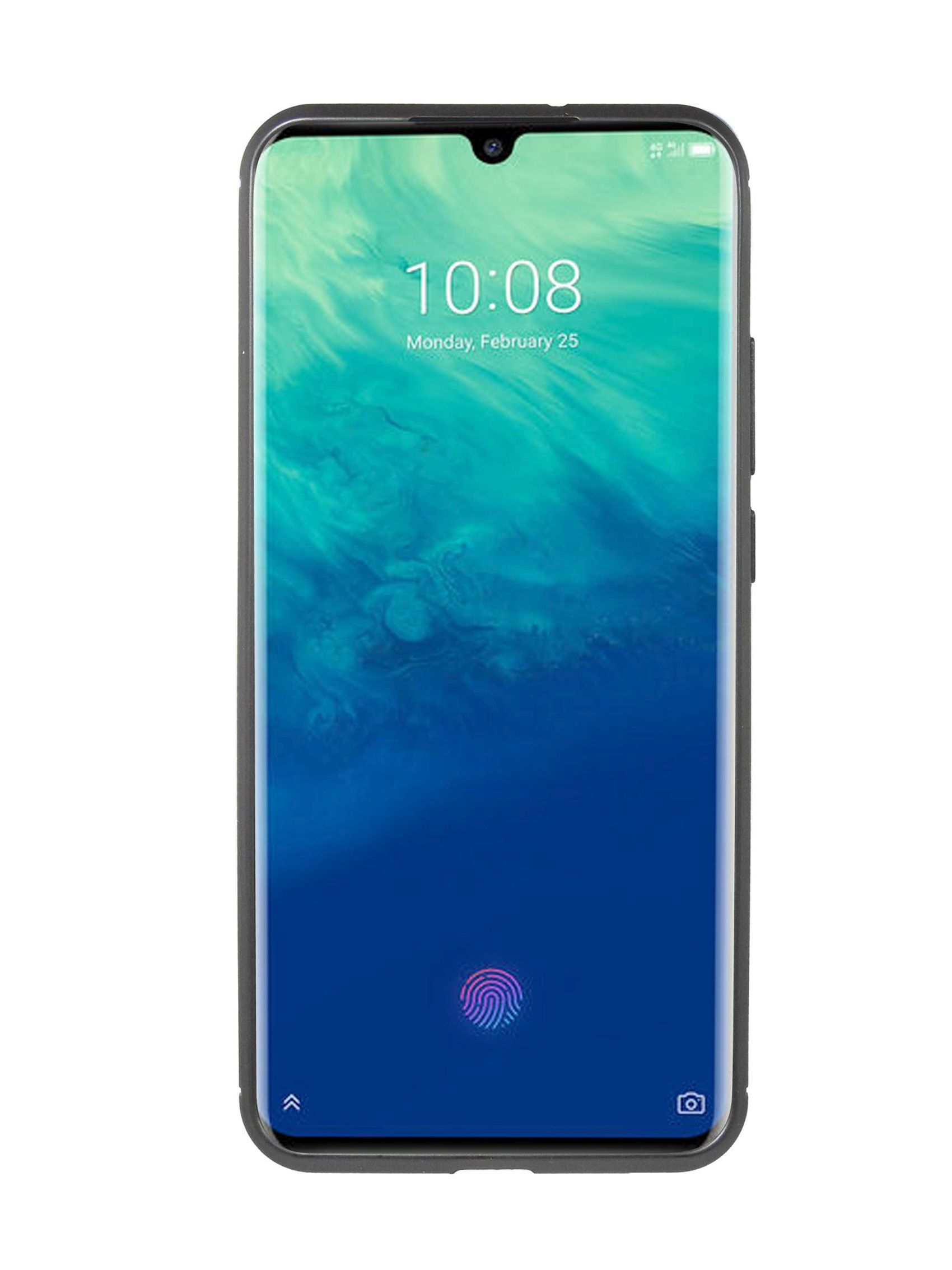 Ein Telefon mit schwarzem Rahmen. Der Bildschirm zeigt die Uhrzeit und einen bunten Hintergrund.