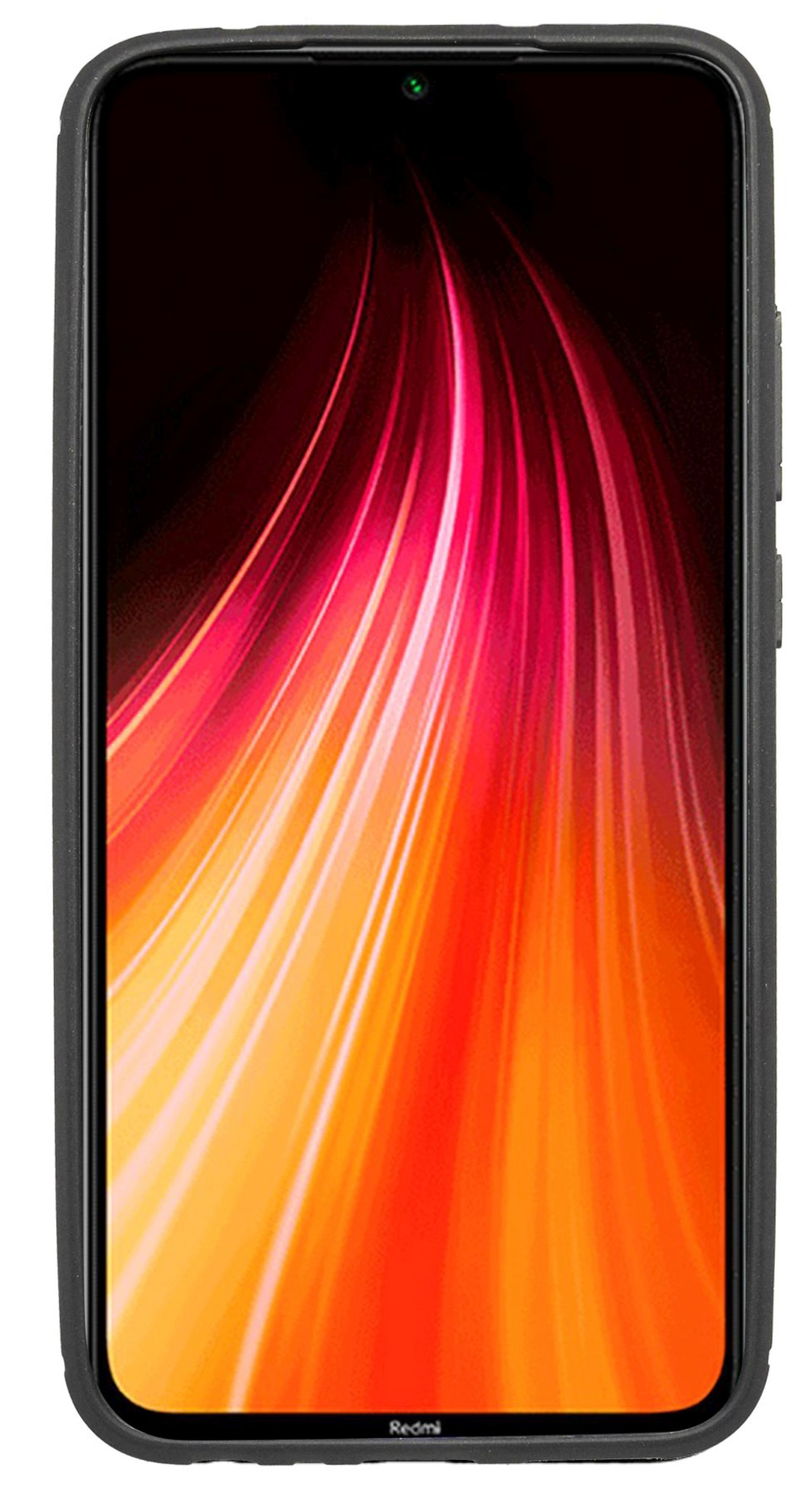 Schwarzes Telefon mit rotem und orangefarbenem Farbverlauf. Das Telefon befindet sich in einer schwarzen Hülle.