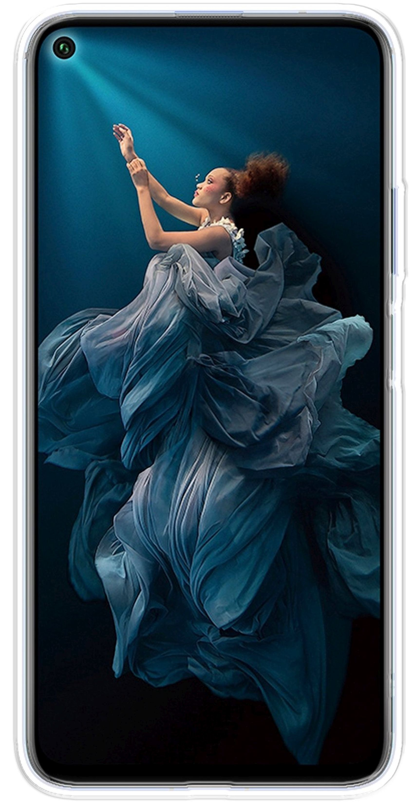 Frau in blauem Kleid unter Wasser, Arme erhoben, in einer Handyhülle.