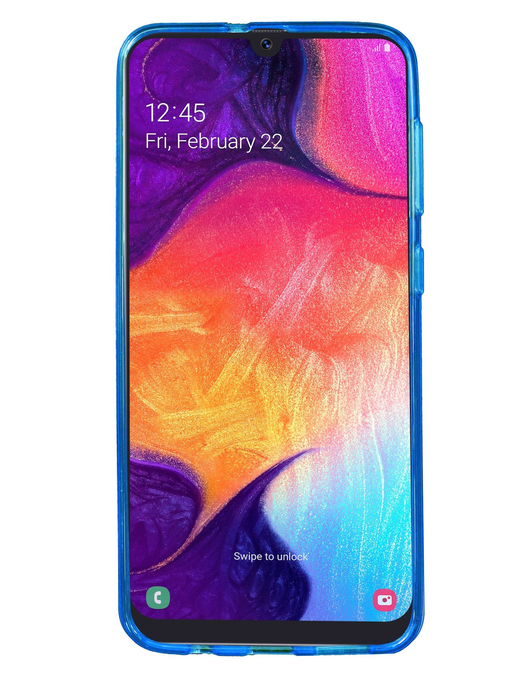 Smartphone-Bildschirm mit blauer Hülle. Der Bildschirm zeigt ein farbenfrohes abstraktes Design und die Zeit, Freitag, 22. Februar.