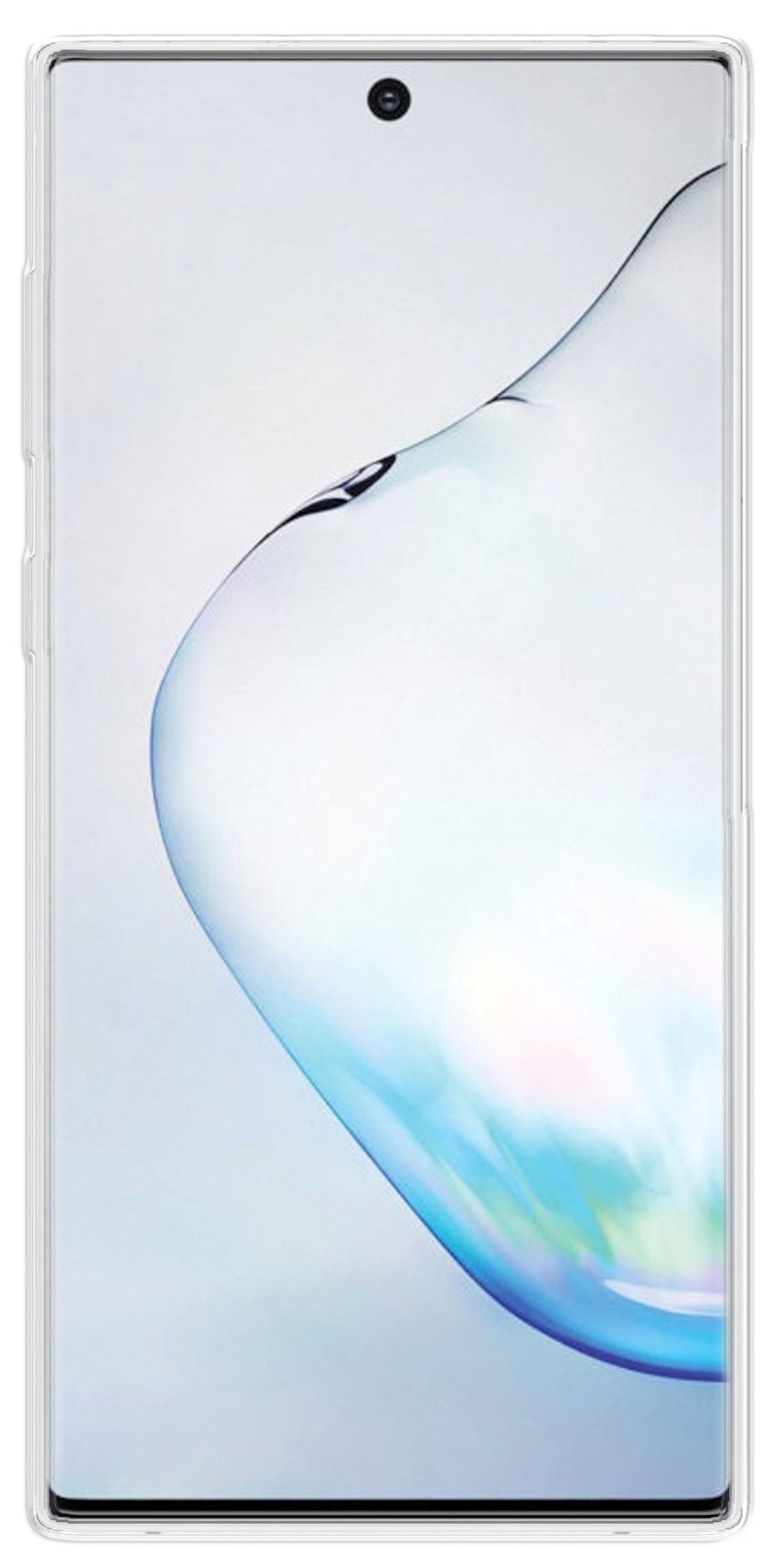 Ein modernes Smartphone mit gebogenem Bildschirm. Der Bildschirm ist weiß und hat oben eine Kamera.
