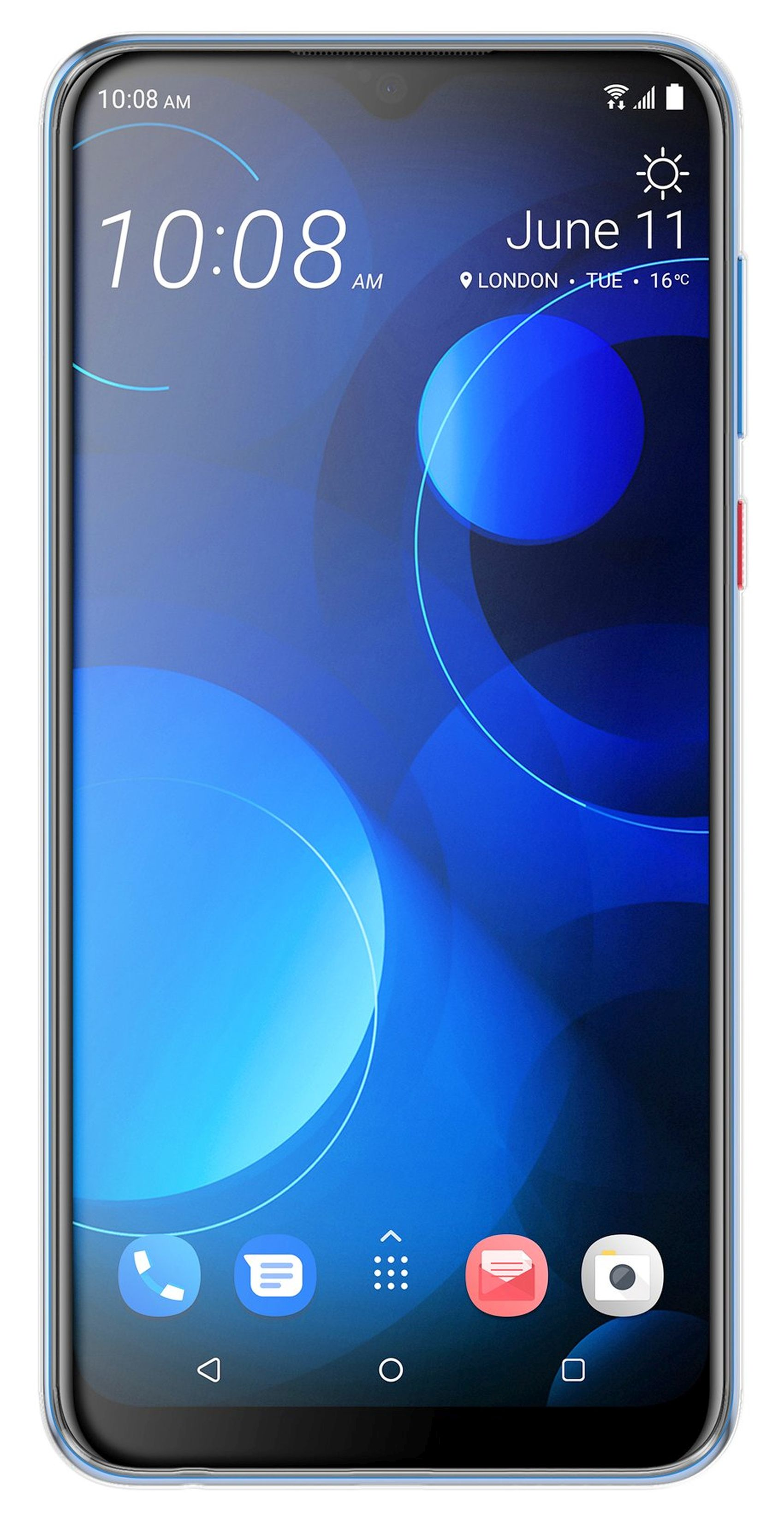 Ein Smartphone mit blauem Bildschirm, der Zeit und Datum anzeigt. Das Telefon ist in einer Hülle.