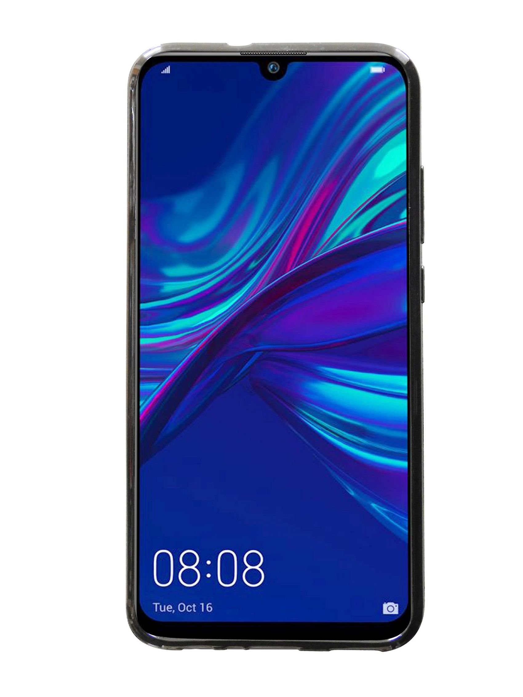 Ein Smartphone zeigt einen farbenfrohen Bildschirm. Das Telefon befindet sich in einer transparenten Hülle auf weißem Hintergrund.