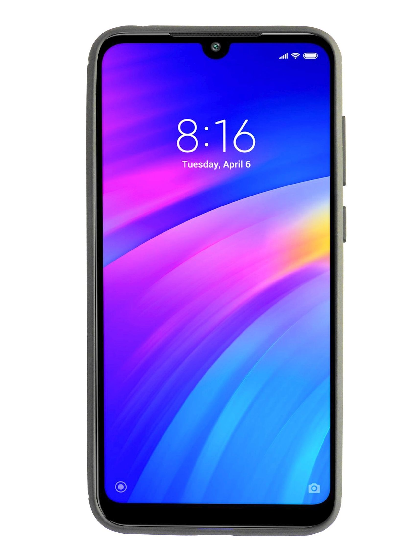 Schwarzes Telefon in grauem Gehäuse. Der Bildschirm zeigt Uhrzeit und Datum an.
