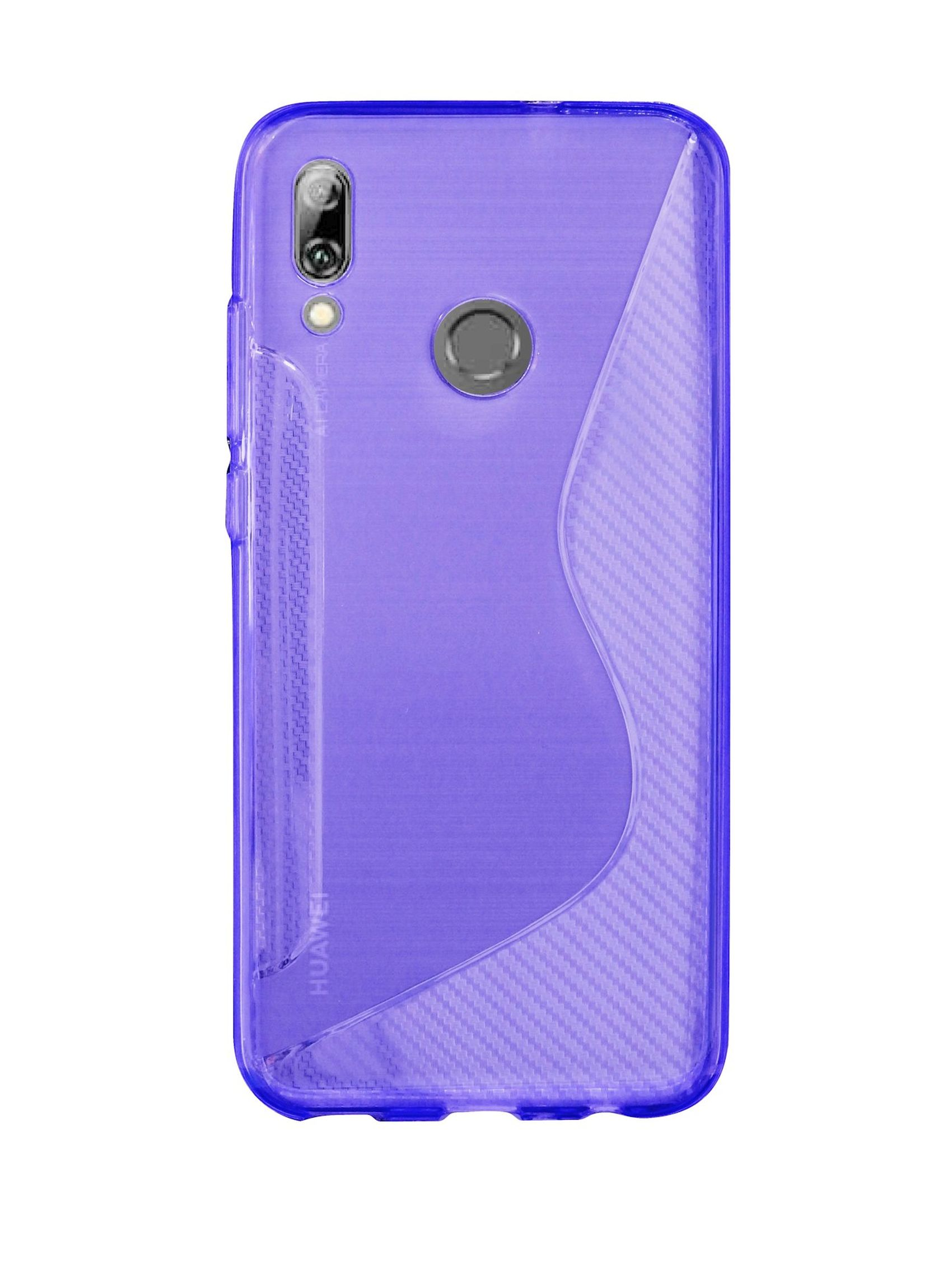 Eine transparente, violette Handyhülle. Sie hat ein strukturiertes Design auf der Rückseite, mit Kamera- und Knopfausschnitten.