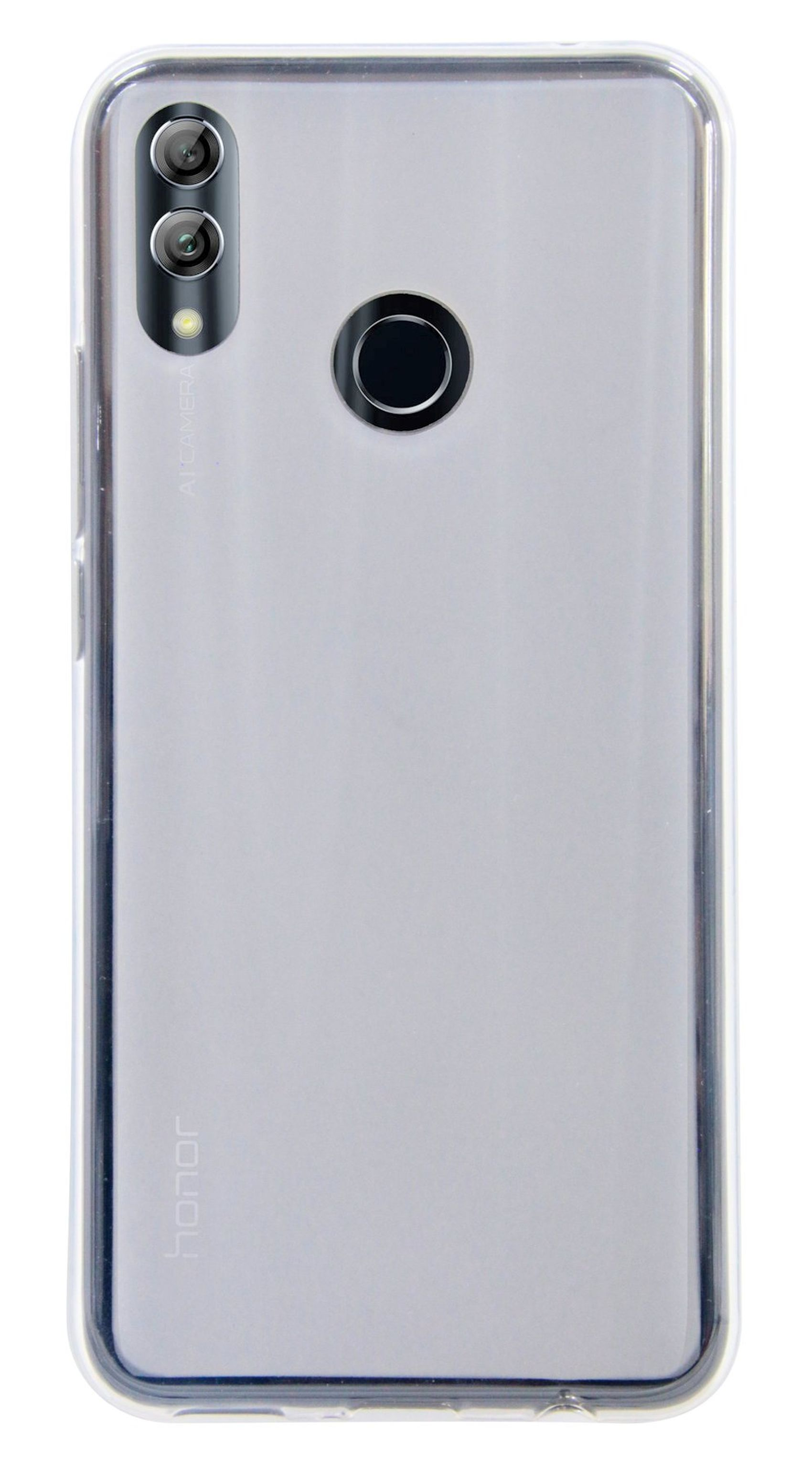 Die Rückseite einer transparenten Handyhülle. Es hat zwei Kameras, einen Fingerabdrucksensor und das Wort 'honor'.