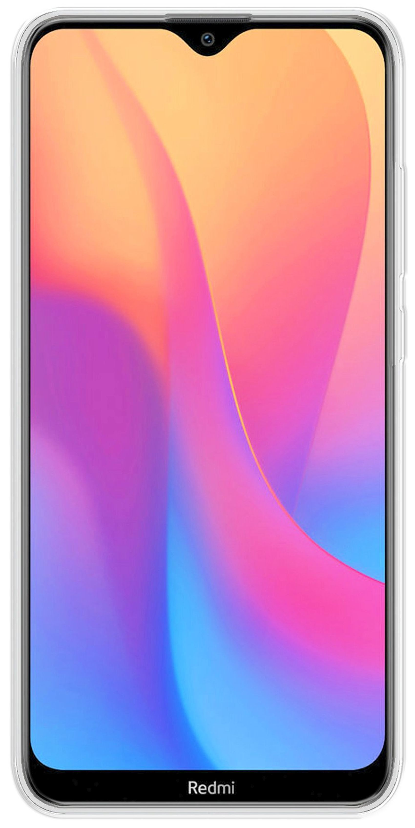 Redmi Smartphone mit abstraktem, farbenfrohem Hintergrund. Weiße transparente Hülle. Weißer Hintergrund.