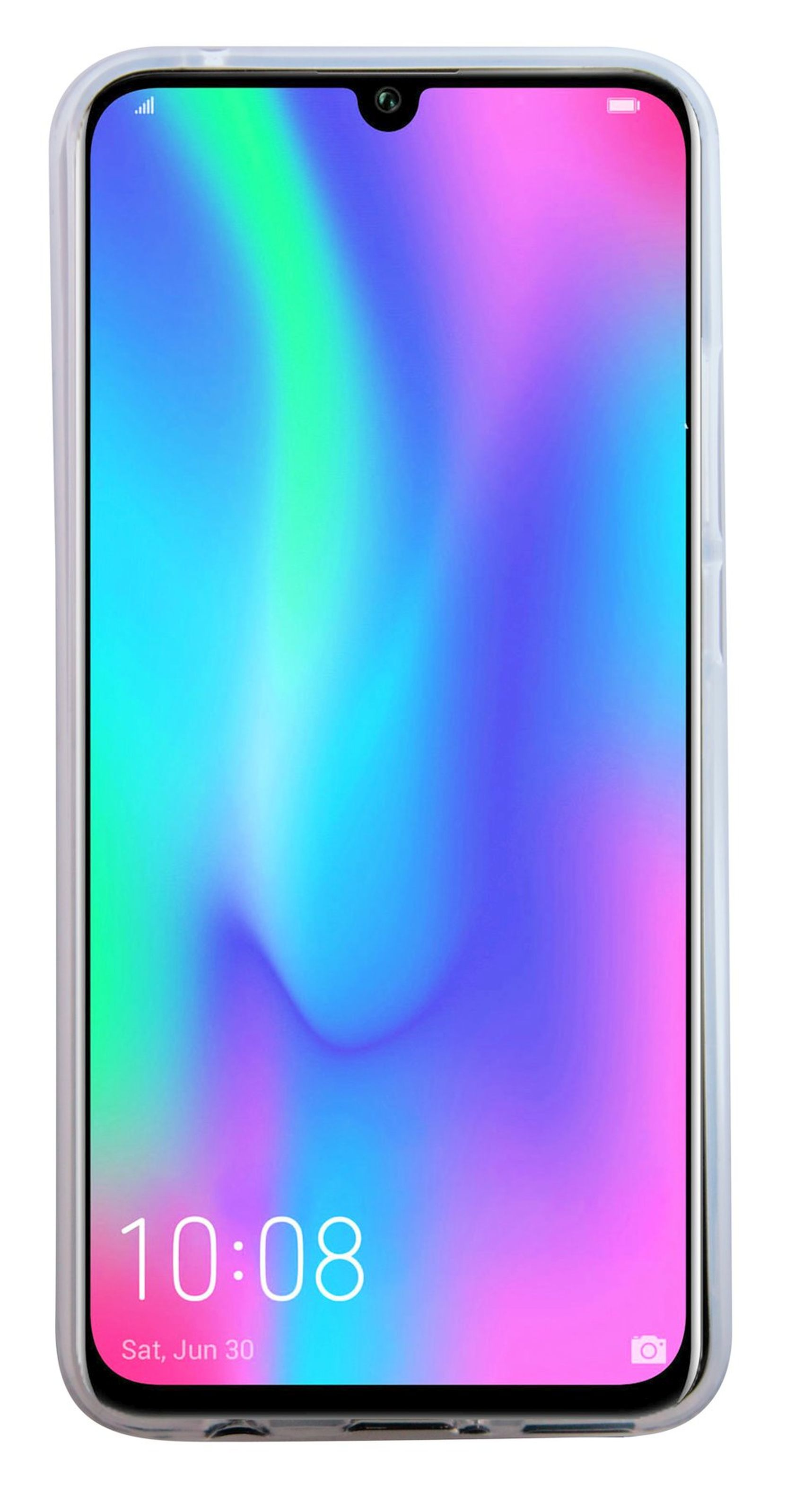Ein Smartphone in einer durchsichtigen Hülle. Der Bildschirm zeigt einen bunten Hintergrund mit der Uhrzeit.